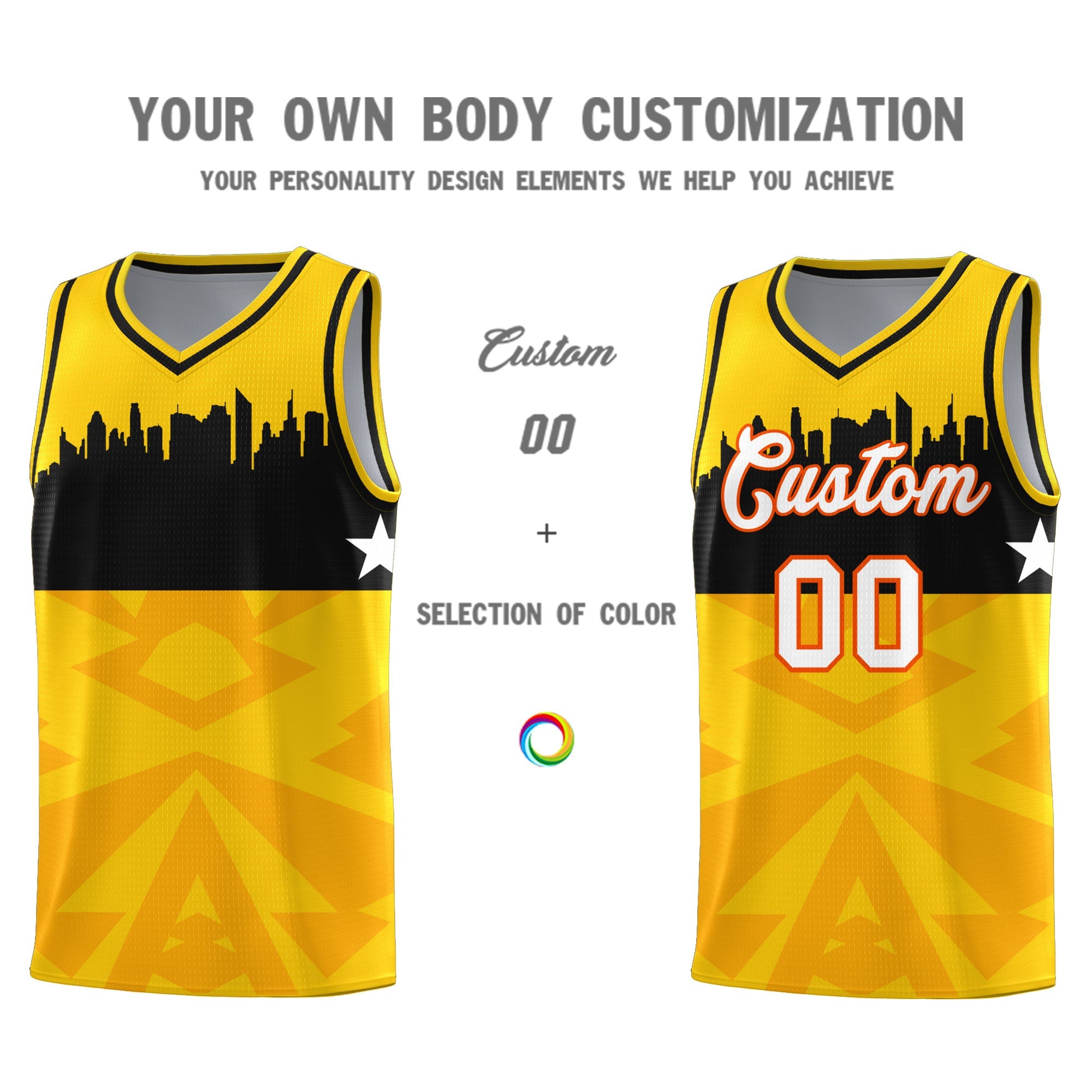 Custom Gold Personalized City Silhouette Pattern Sports Uniform Basketball Jersey