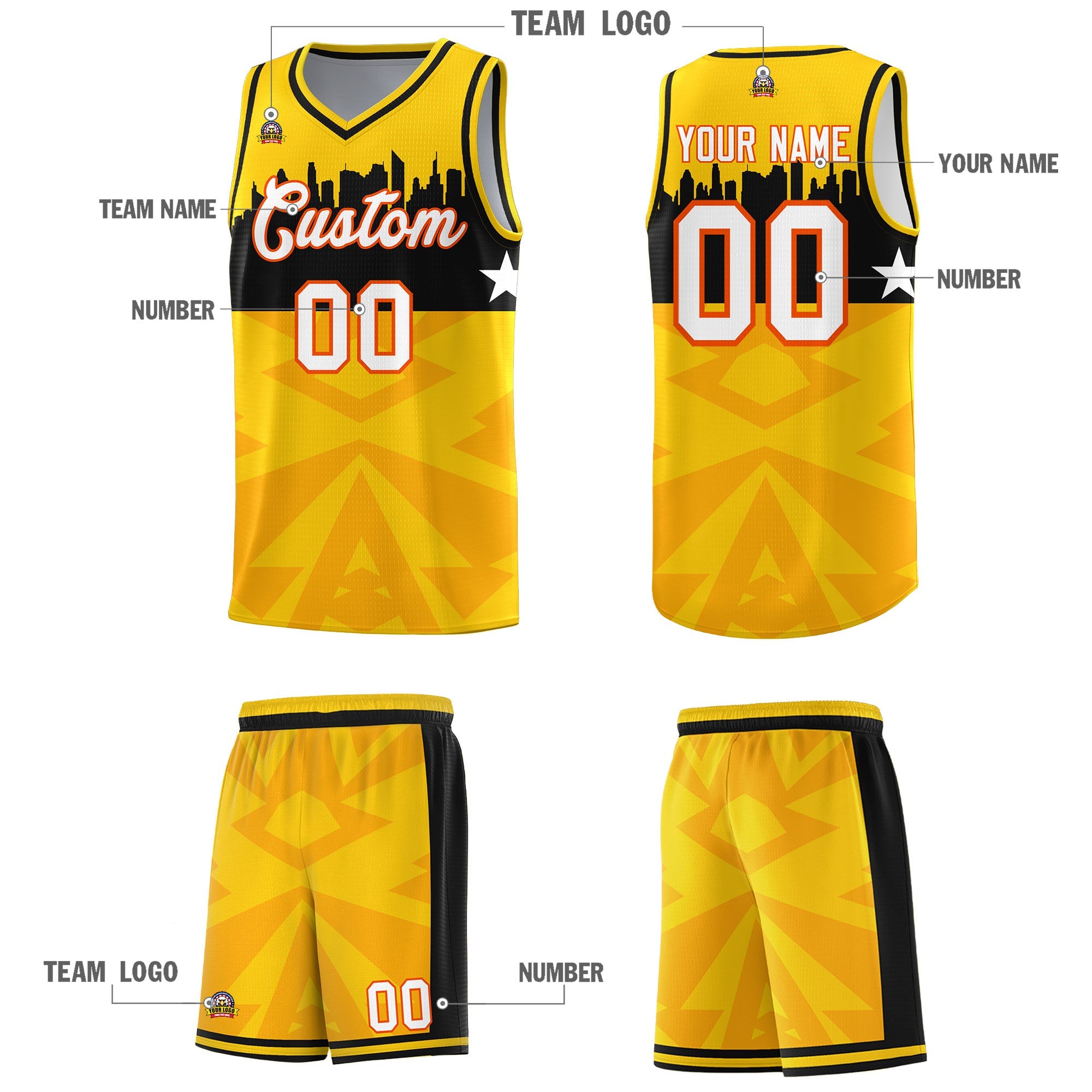 Custom Gold Personalized City Silhouette Pattern Sports Uniform Basketball Jersey