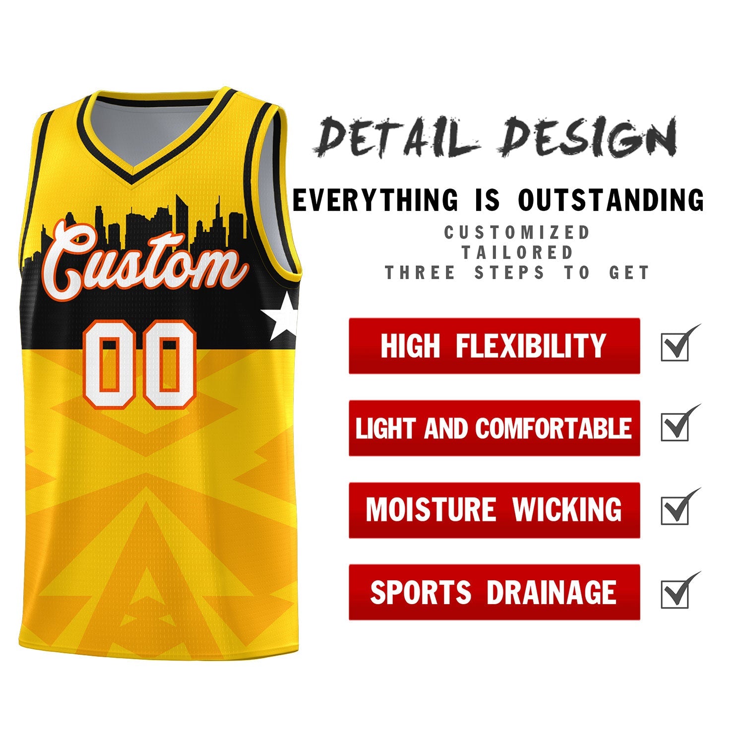 Custom Gold Personalized City Silhouette Pattern Sports Uniform Basketball Jersey