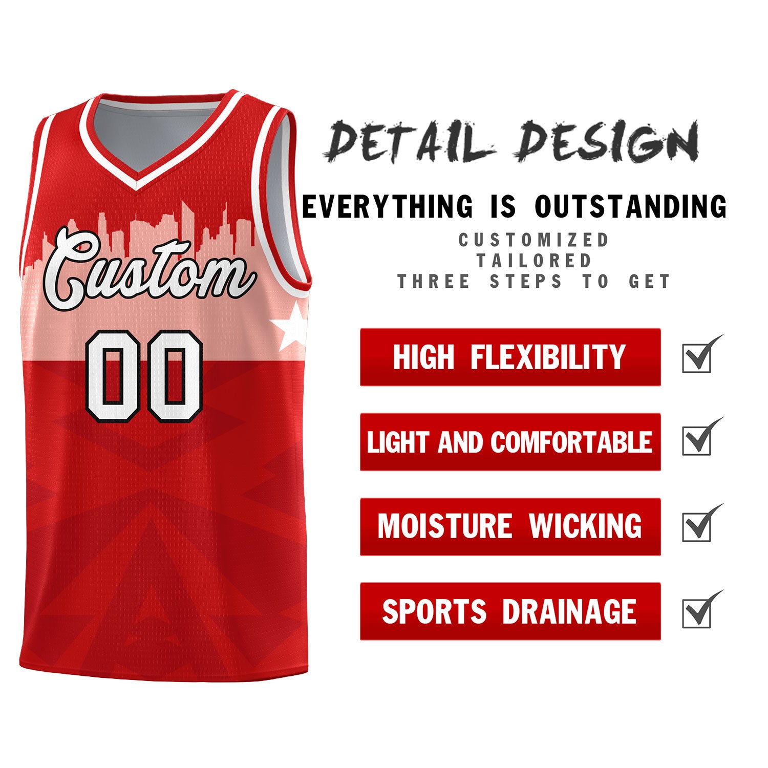 Custom Red Personalized City Silhouette Pattern Sports Uniform Basketball Jersey