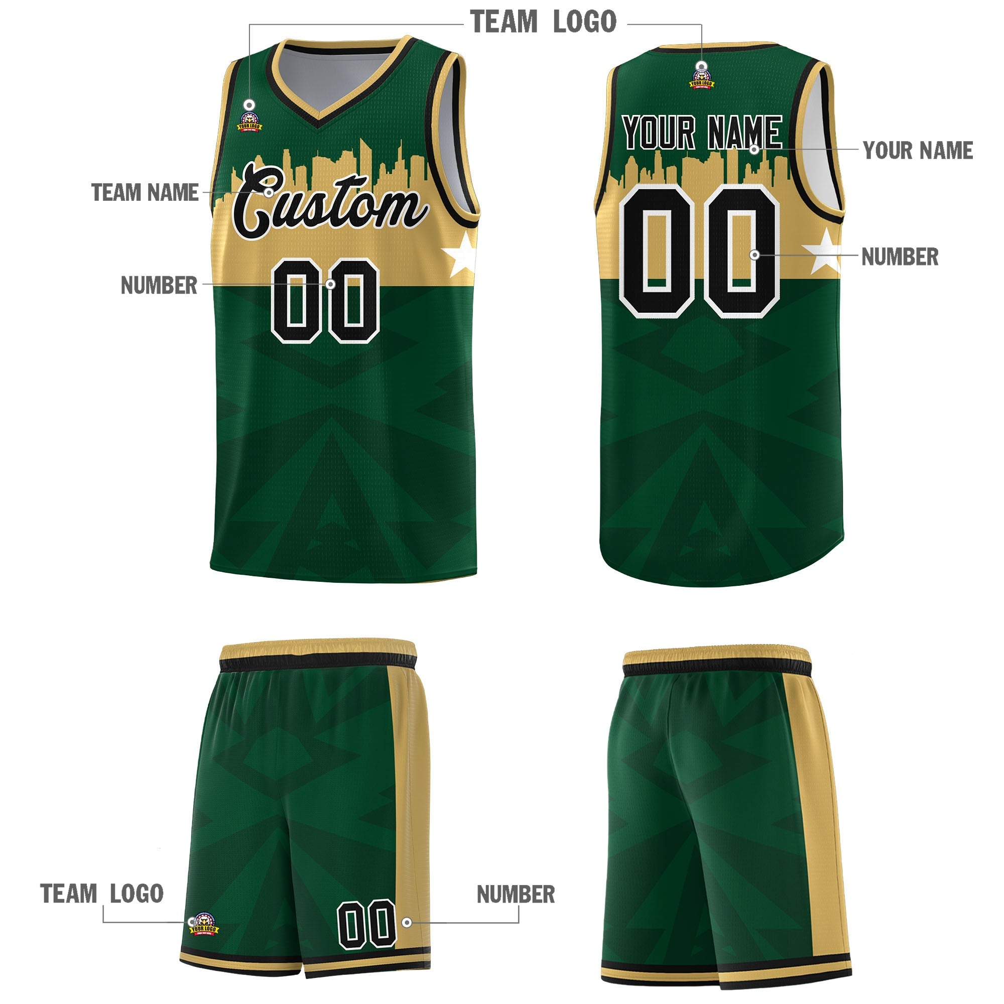 Custom Green Personalized City Silhouette Pattern Sports Uniform Basketball Jersey