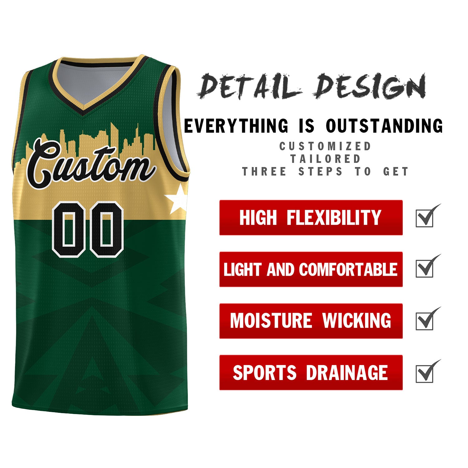 Custom Green Personalized City Silhouette Pattern Sports Uniform Basketball Jersey