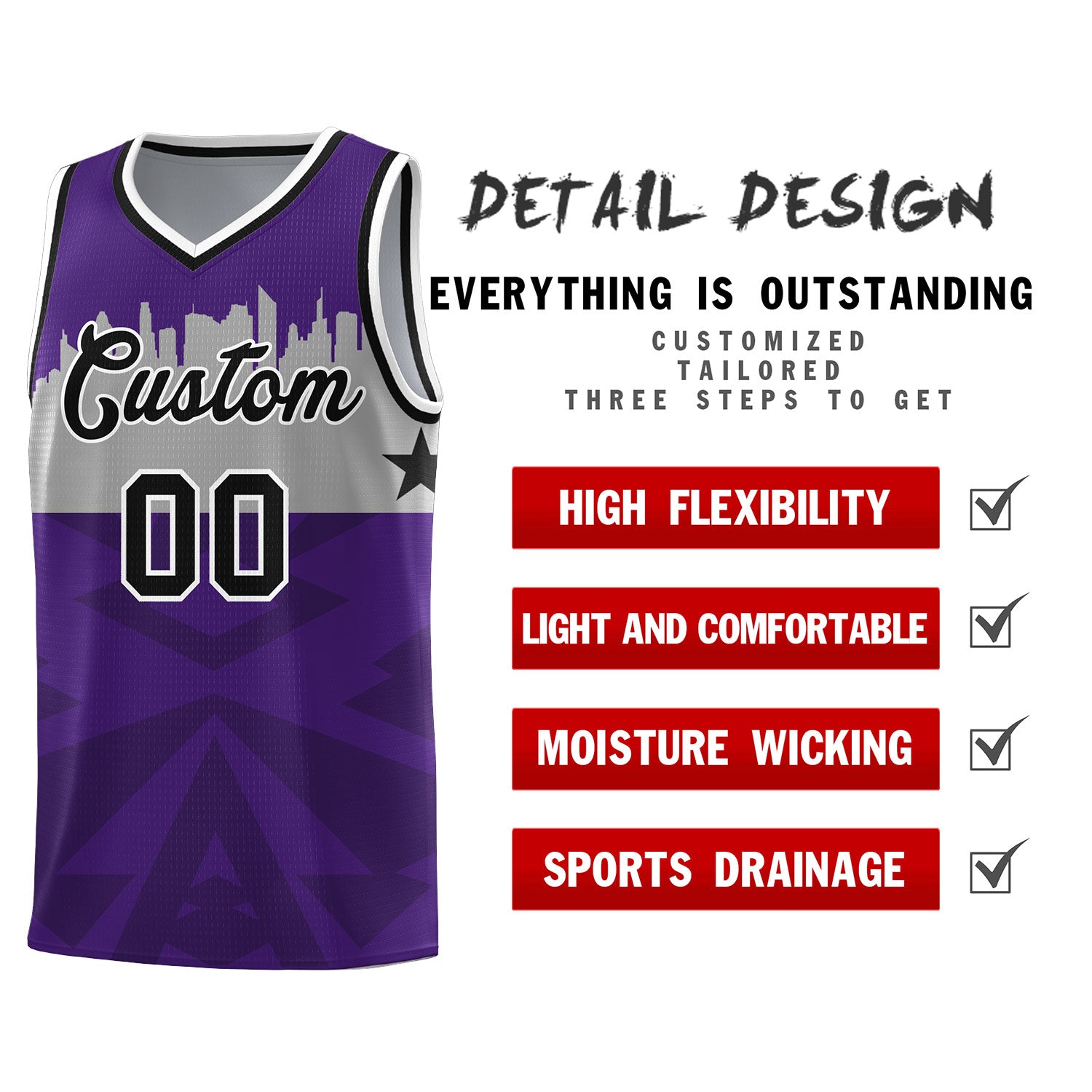 Custom Purple Personalized City Silhouette Pattern Sports Uniform Basketball Jersey