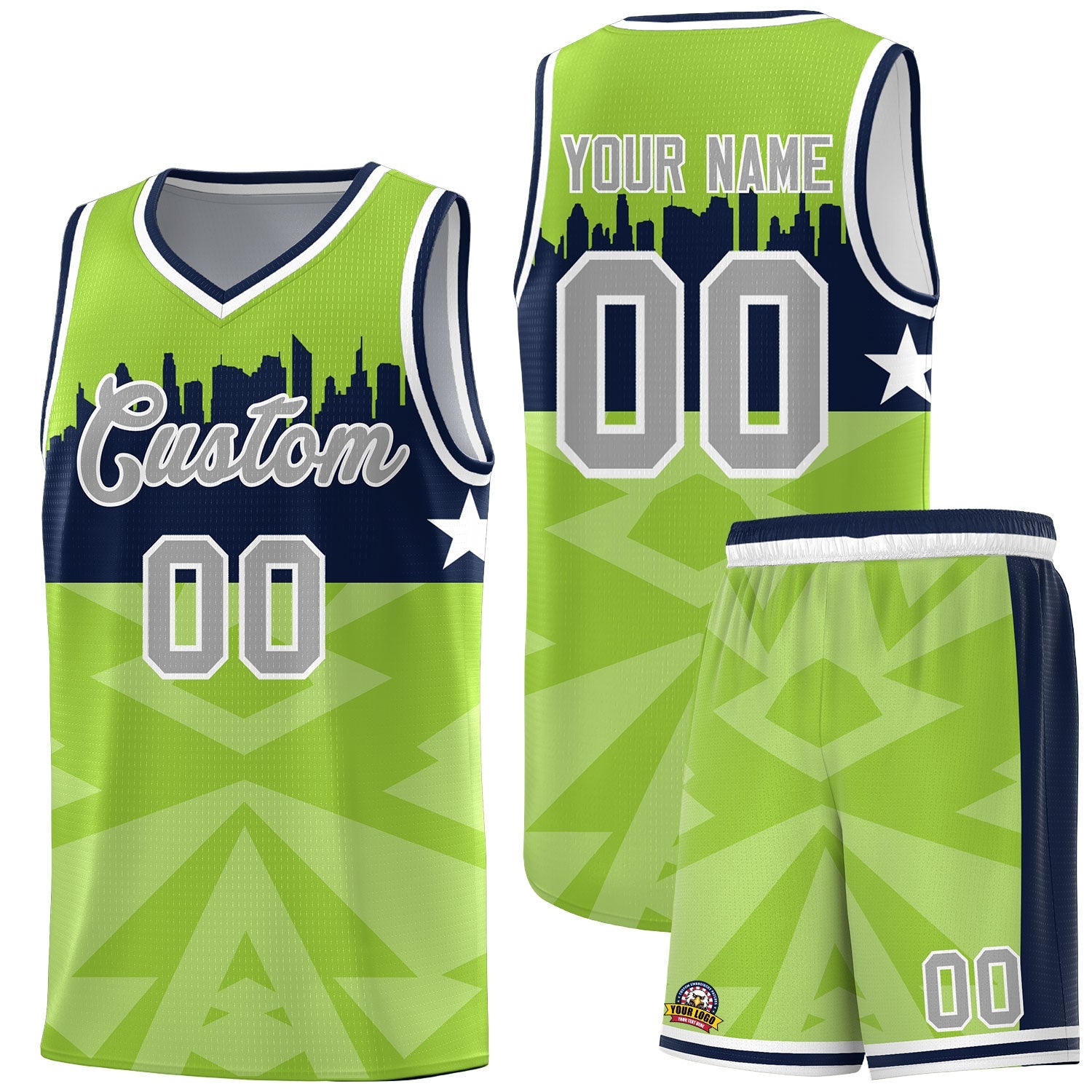 Custom Neon Green Personalized City Silhouette Pattern Sports Uniform Basketball Jersey