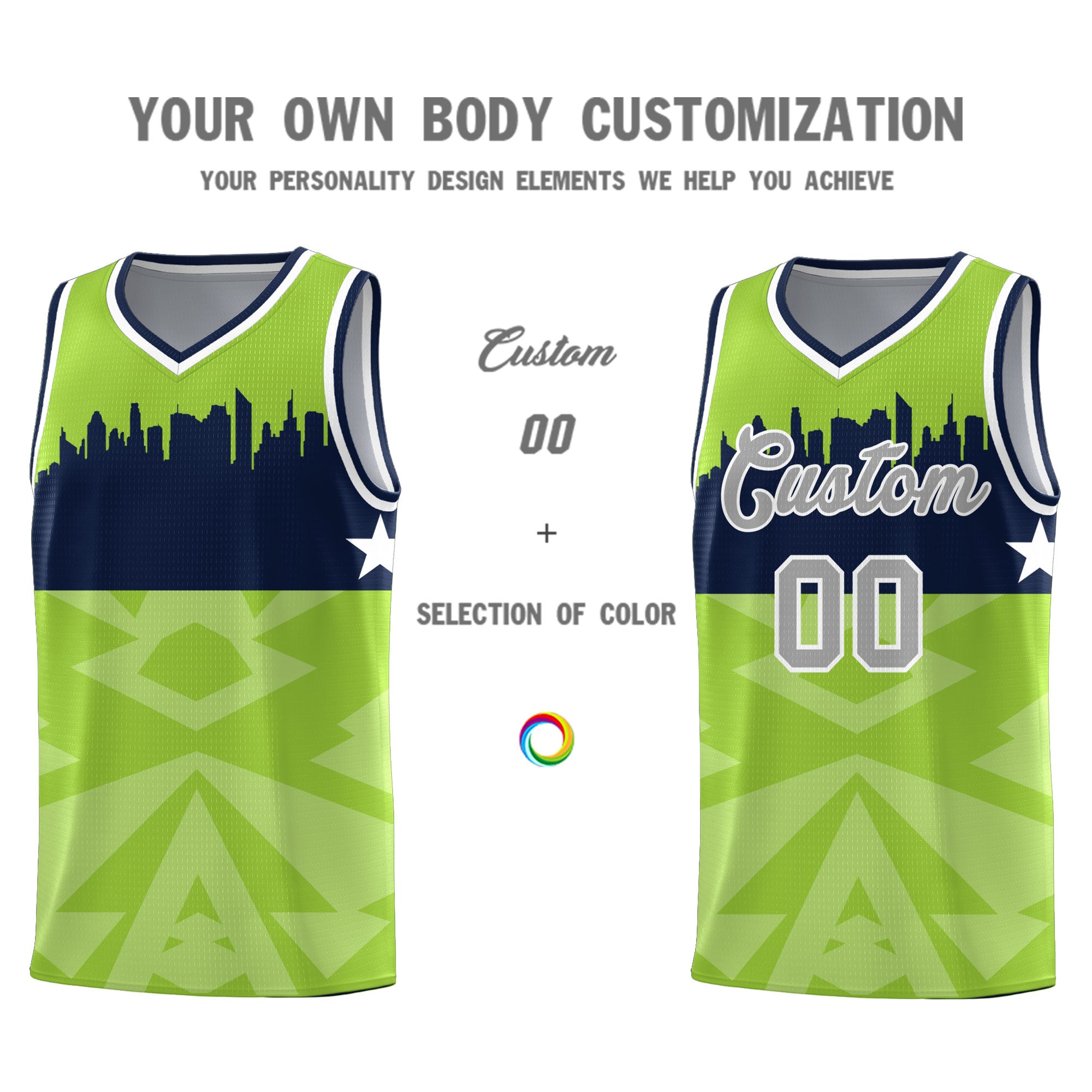 Custom Neon Green Personalized City Silhouette Pattern Sports Uniform Basketball Jersey