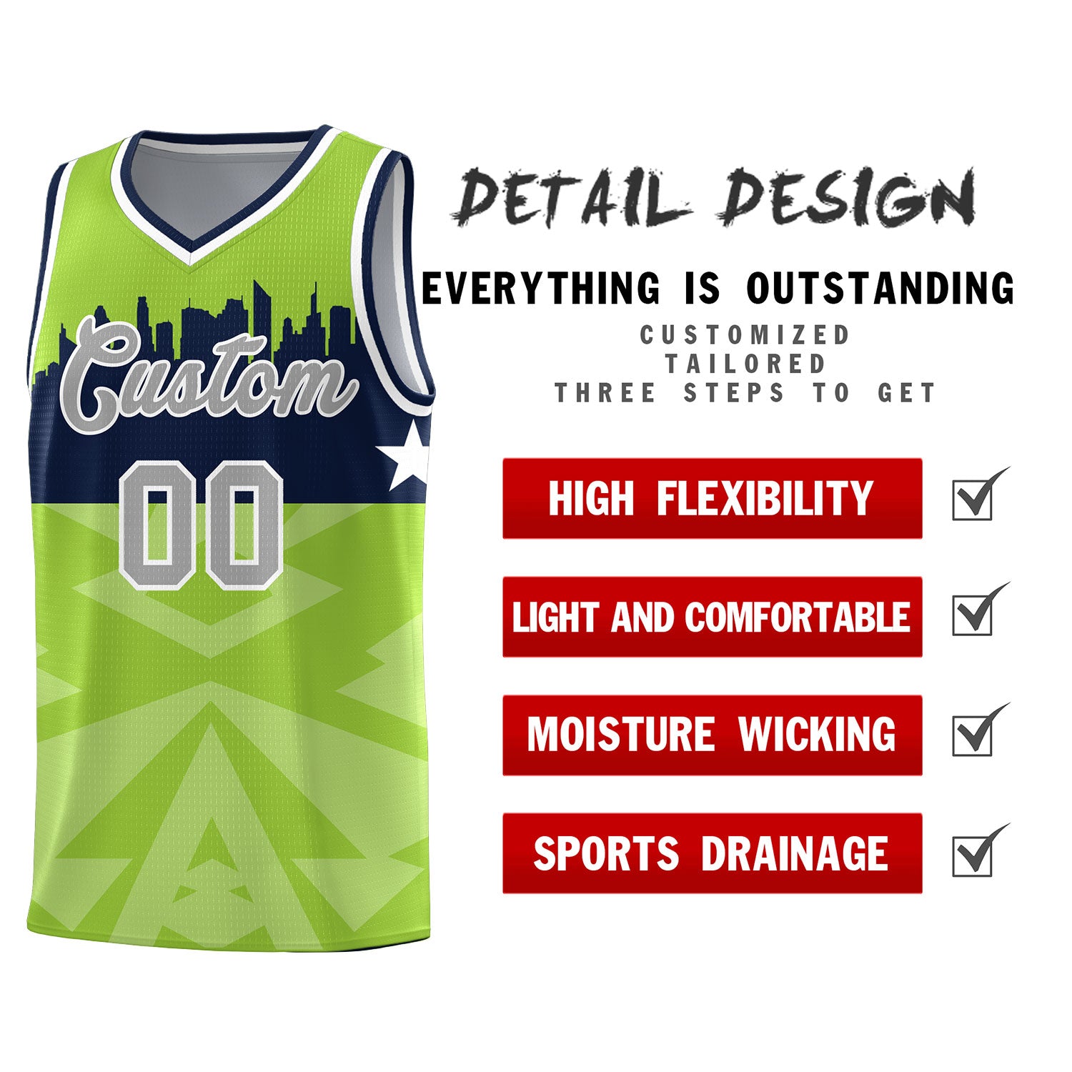 Custom Neon Green Personalized City Silhouette Pattern Sports Uniform Basketball Jersey