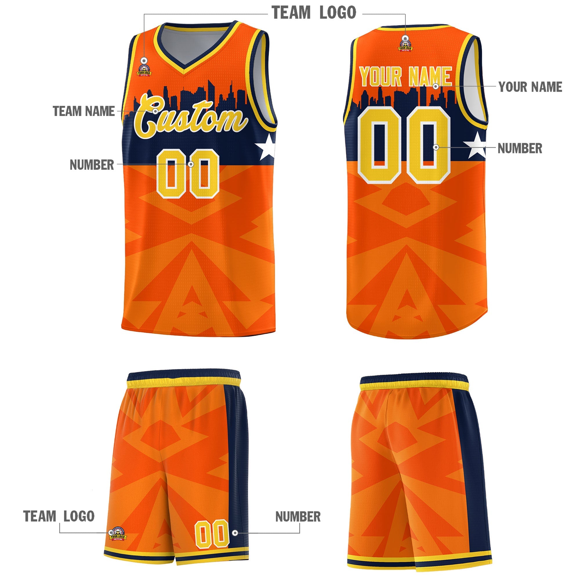 Custom Orange Personalized City Silhouette Pattern Sports Uniform Basketball Jersey