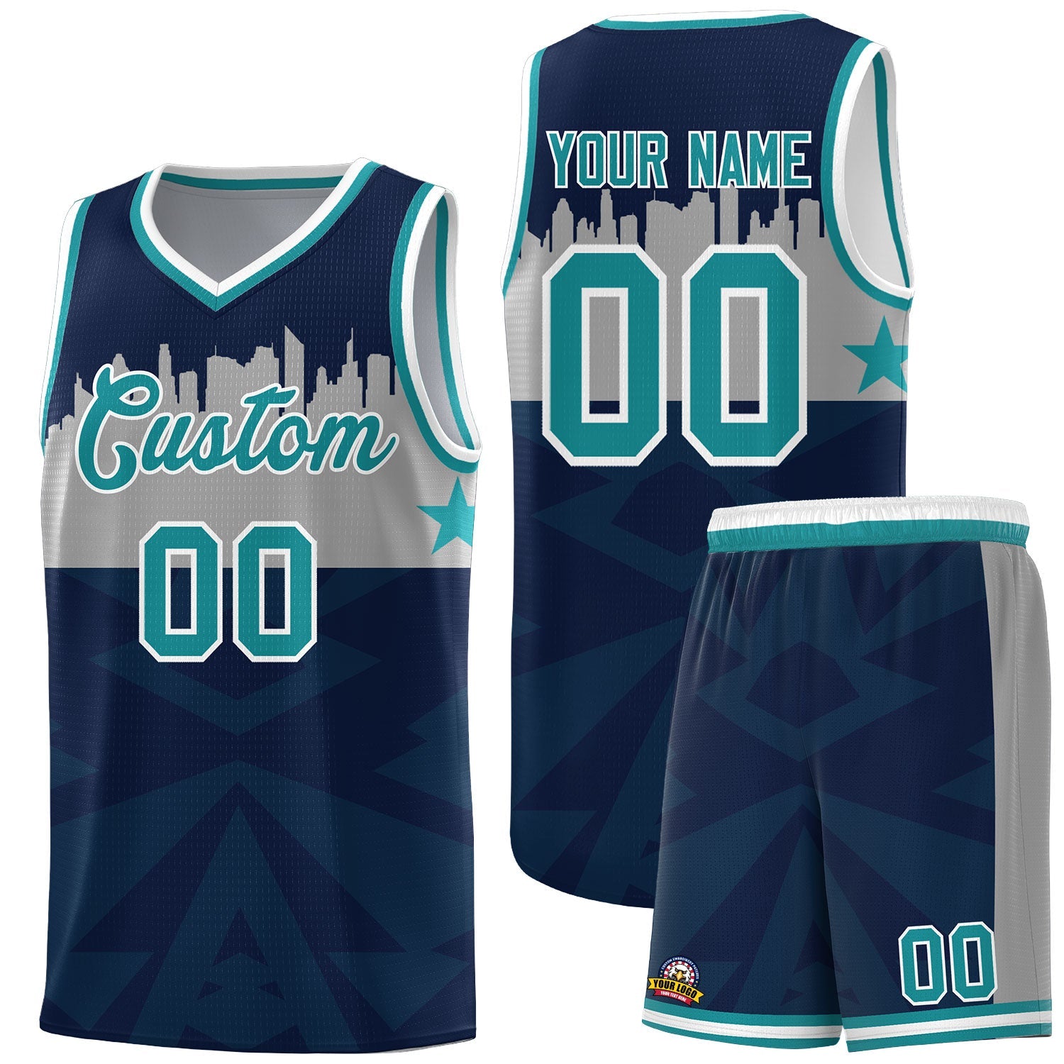 Custom Navy Personalized City Silhouette Pattern Sports Uniform Basketball Jersey