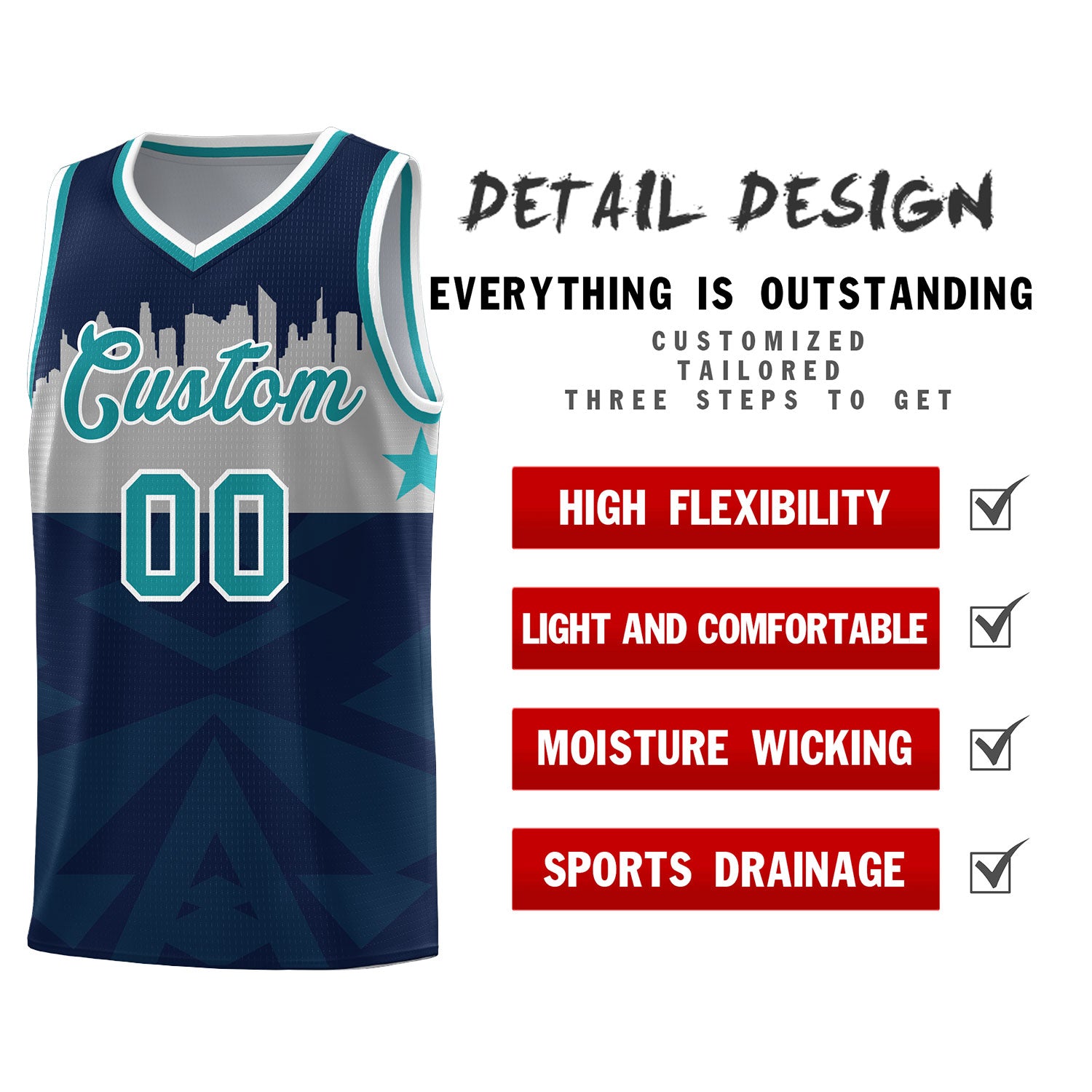 Custom Navy Personalized City Silhouette Pattern Sports Uniform Basketball Jersey