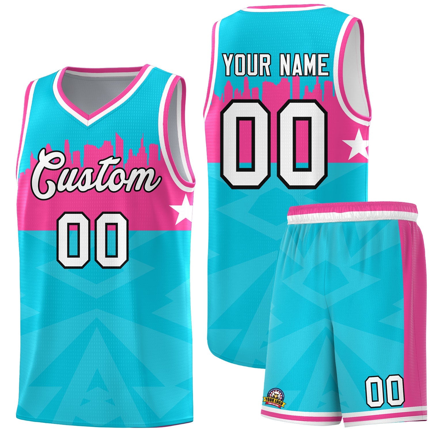 Custom Sky Blue Personalized City Silhouette Pattern Sports Uniform Basketball Jersey