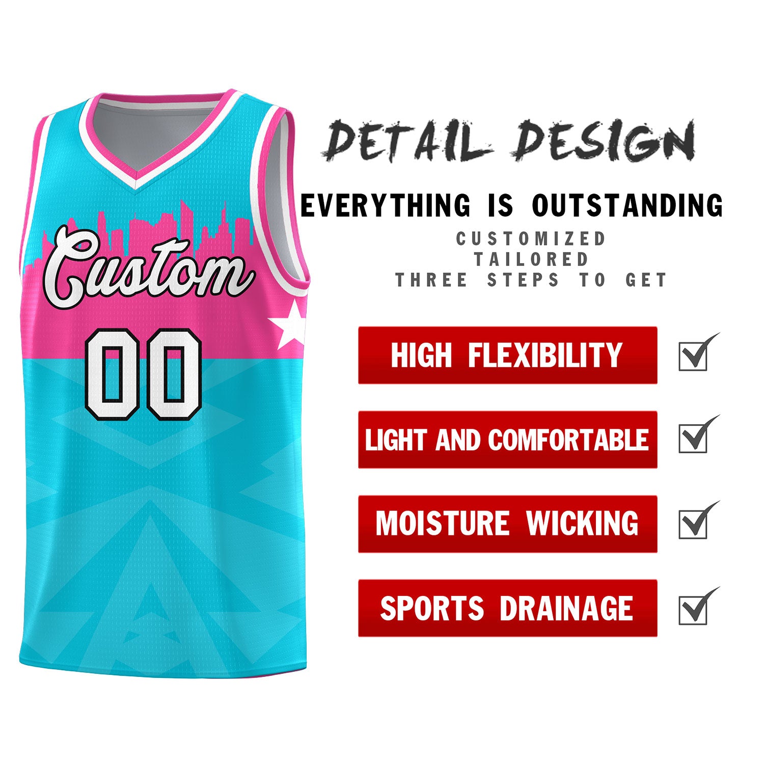 Custom Sky Blue Personalized City Silhouette Pattern Sports Uniform Basketball Jersey