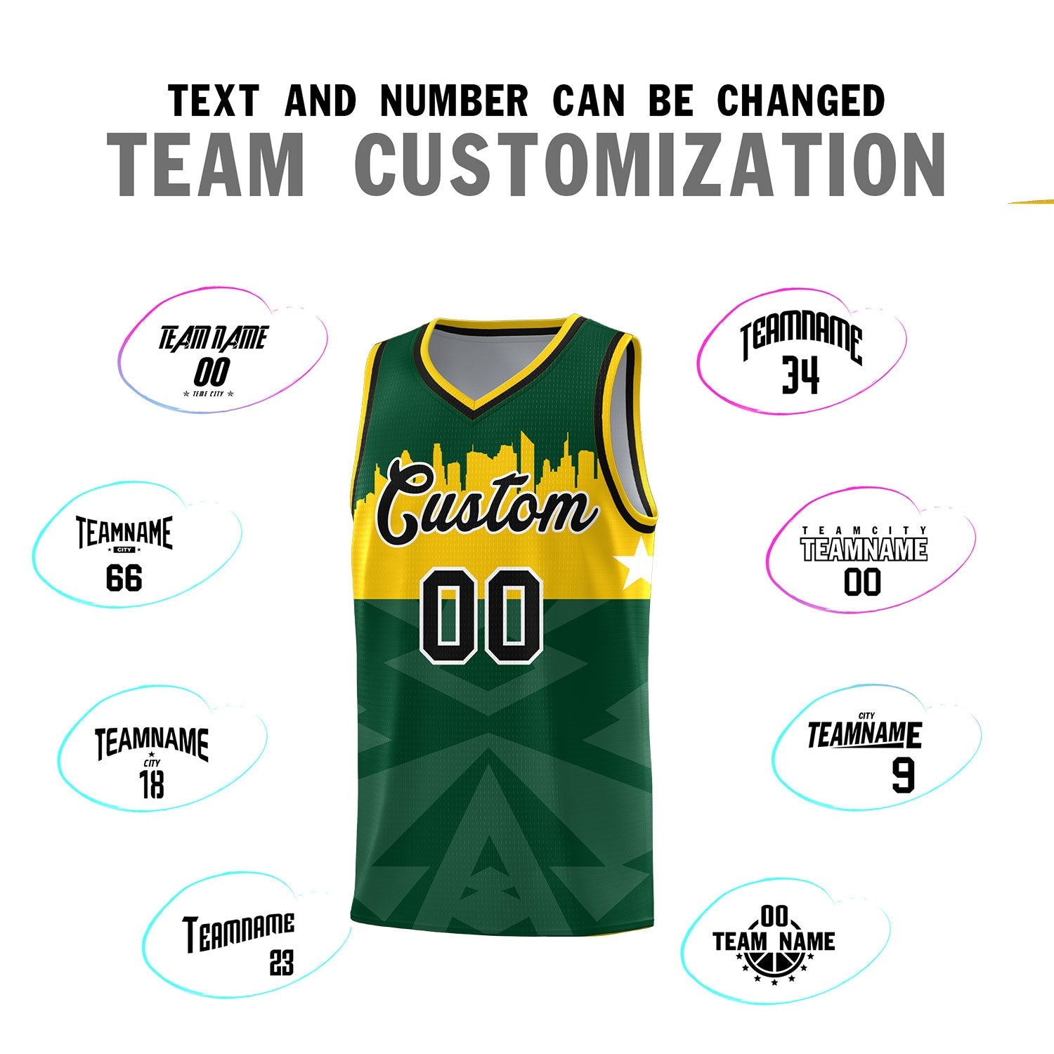 Custom Green Personalized City Silhouette Pattern Sports Uniform Basketball Jersey