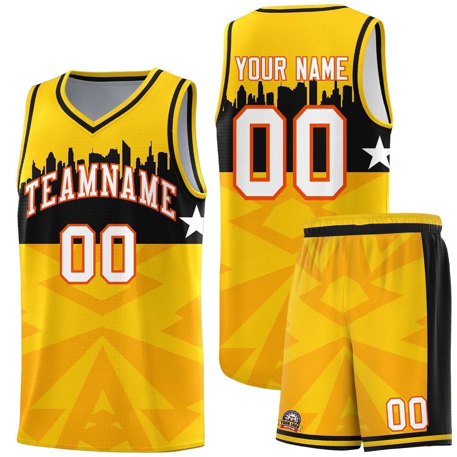 Custom Gold Personalized City Silhouette Pattern Sports Uniform Basketball Jersey