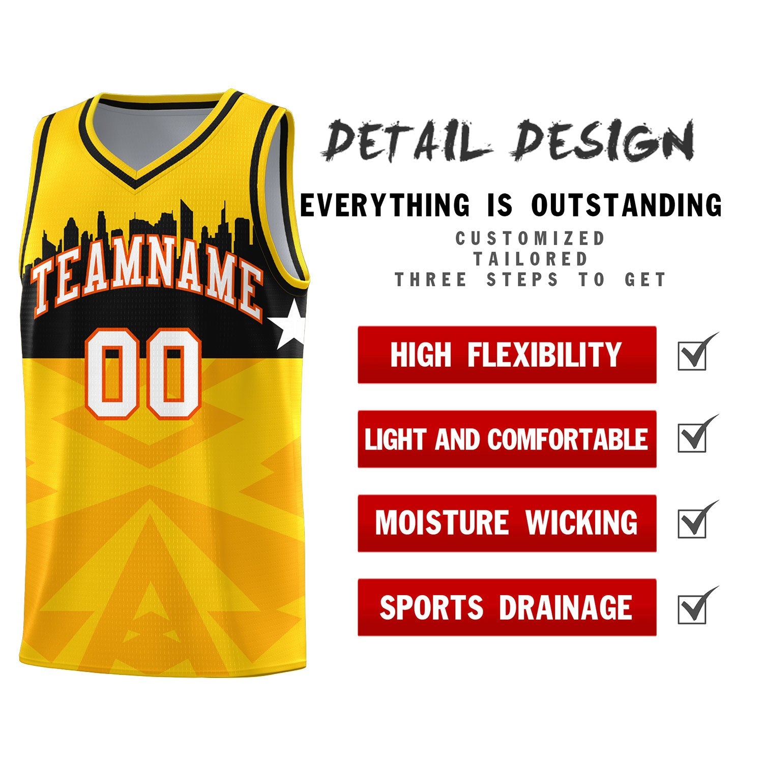 Custom Gold Personalized City Silhouette Pattern Sports Uniform Basketball Jersey