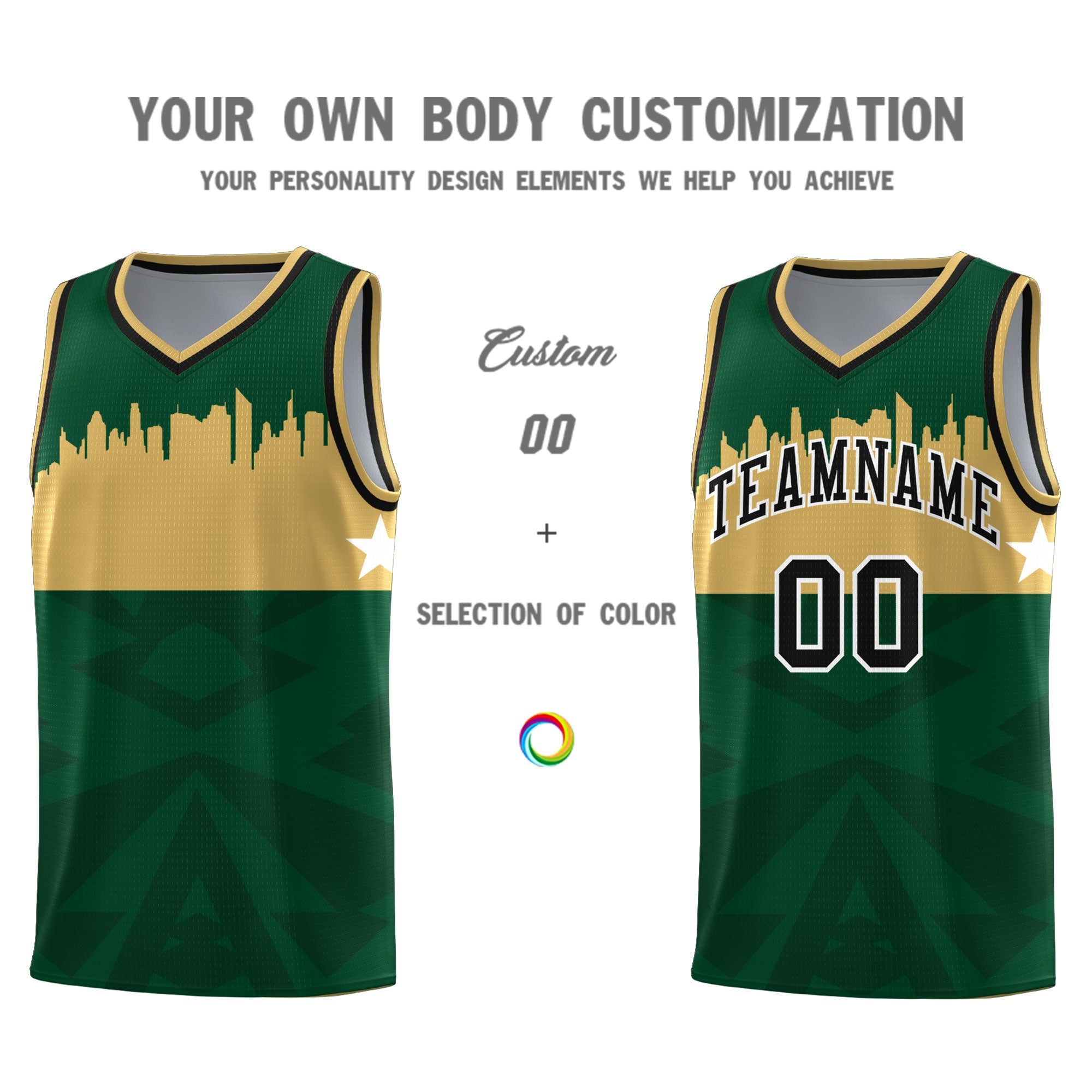 Custom Green Personalized City Silhouette Pattern Sports Uniform Basketball Jersey