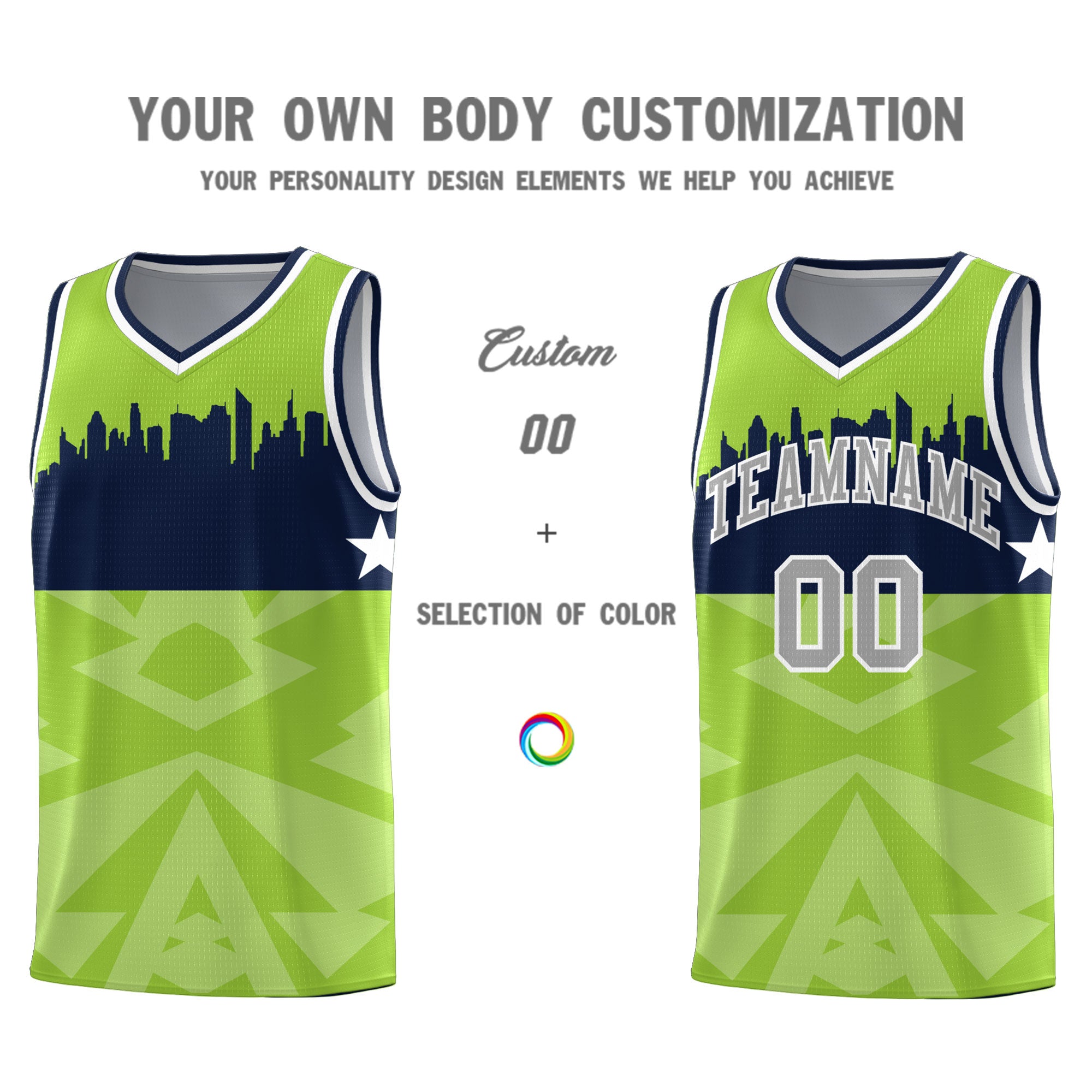 Custom Neon Green Personalized City Silhouette Pattern Sports Uniform Basketball Jersey