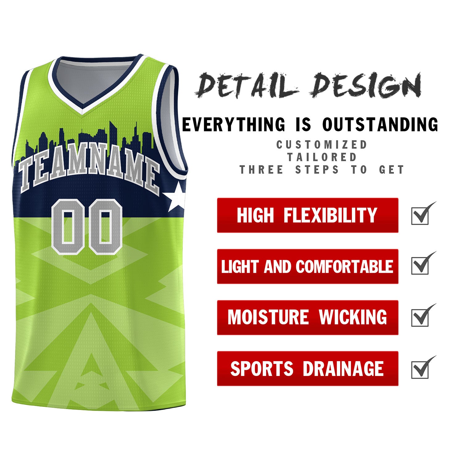 Custom Neon Green Personalized City Silhouette Pattern Sports Uniform Basketball Jersey