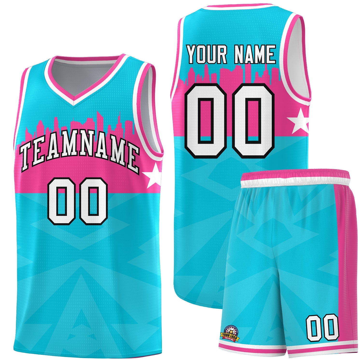 Custom Sky Blue Personalized City Silhouette Pattern Sports Uniform Basketball Jersey