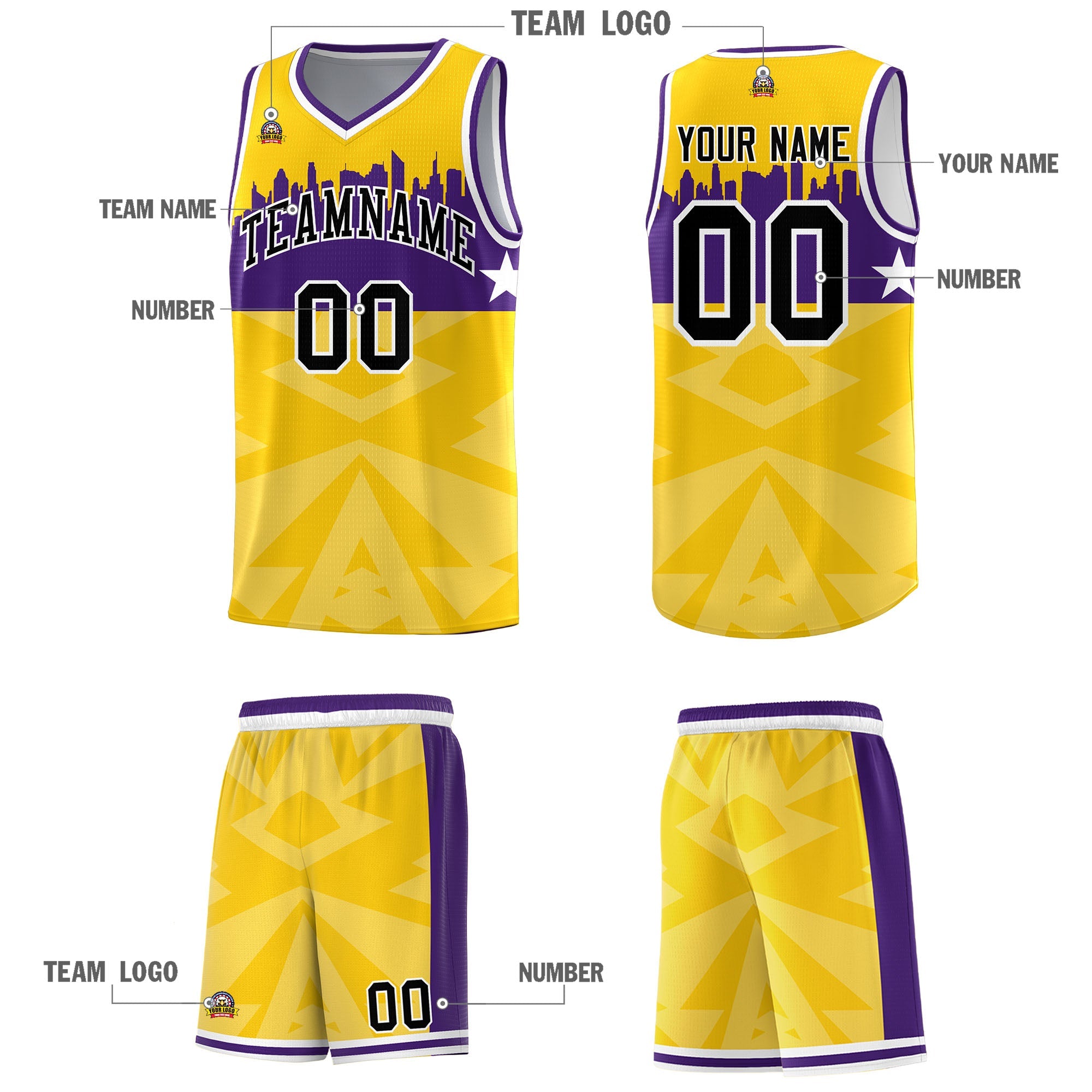 Custom Gold Personalized City Silhouette Pattern Sports Uniform Basketball Jersey