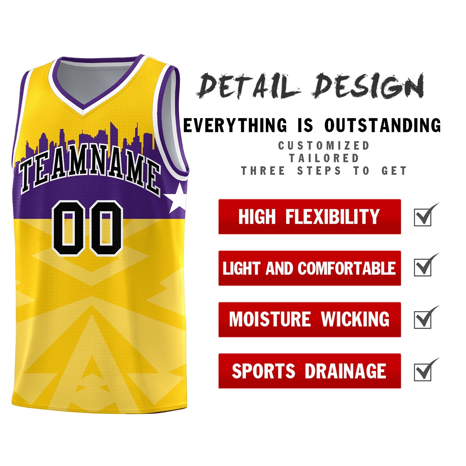 Custom Gold Personalized City Silhouette Pattern Sports Uniform Basketball Jersey