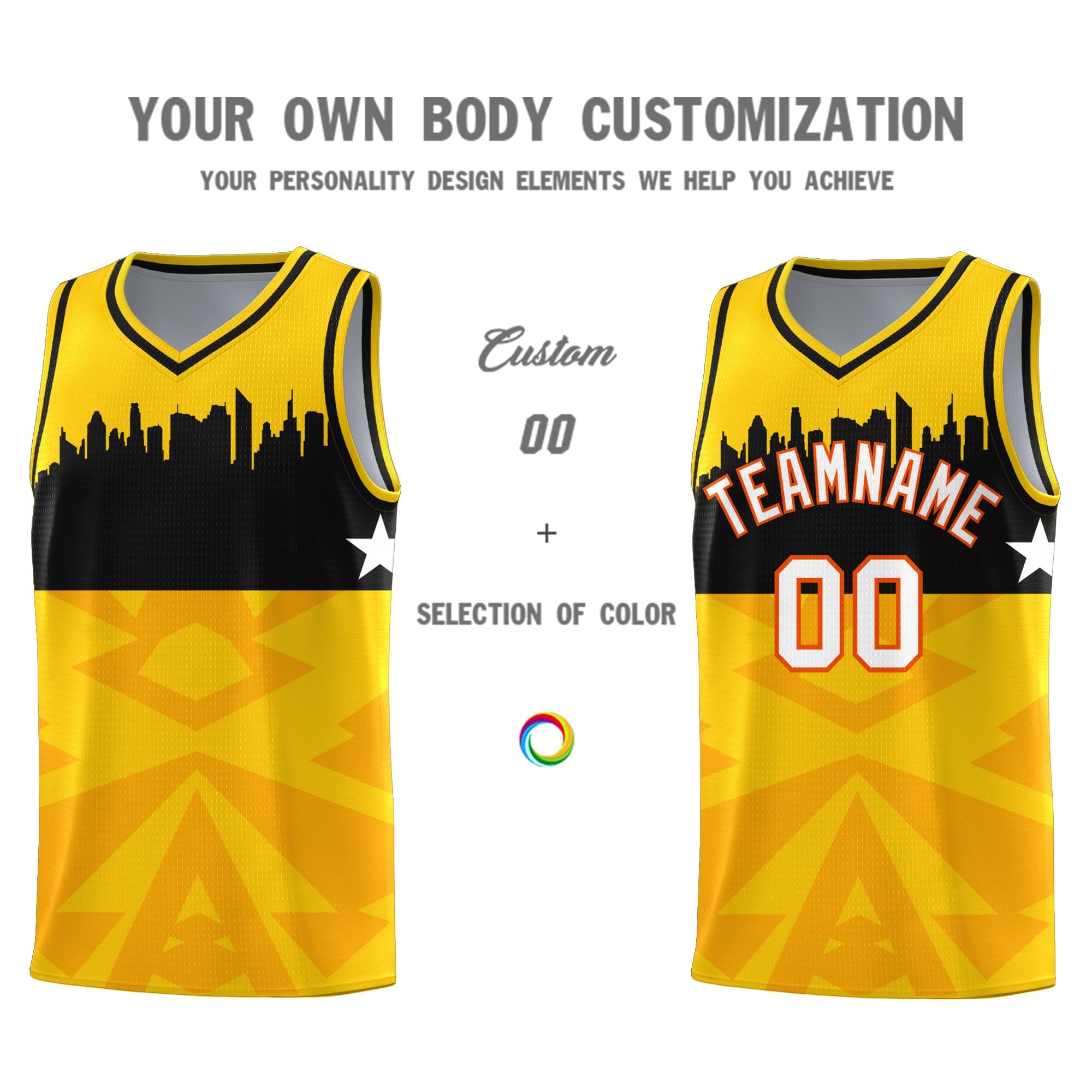 Custom Gold Personalized City Silhouette Pattern Sports Uniform Basketball Jersey