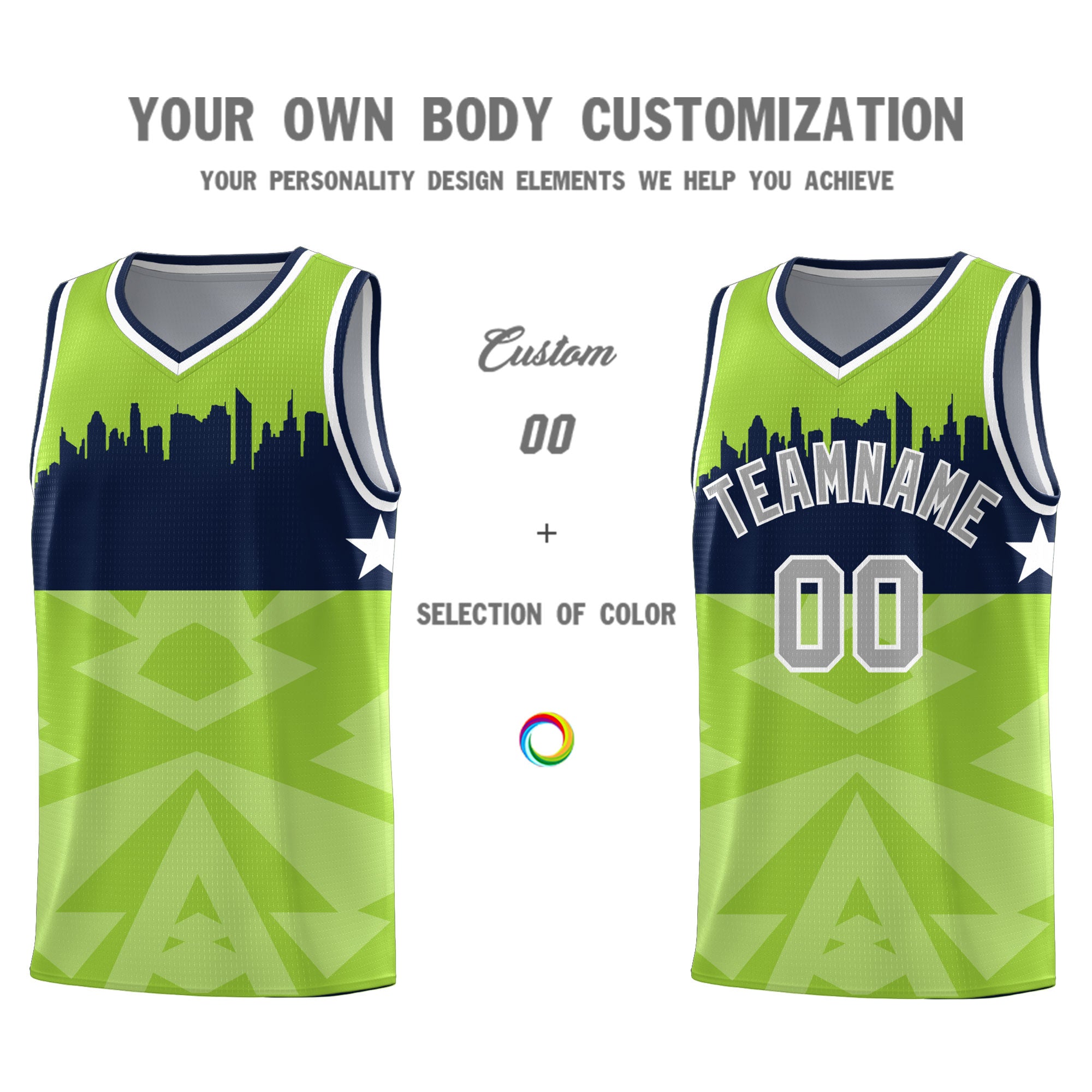 Custom Neon Green Personalized City Silhouette Pattern Sports Uniform Basketball Jersey