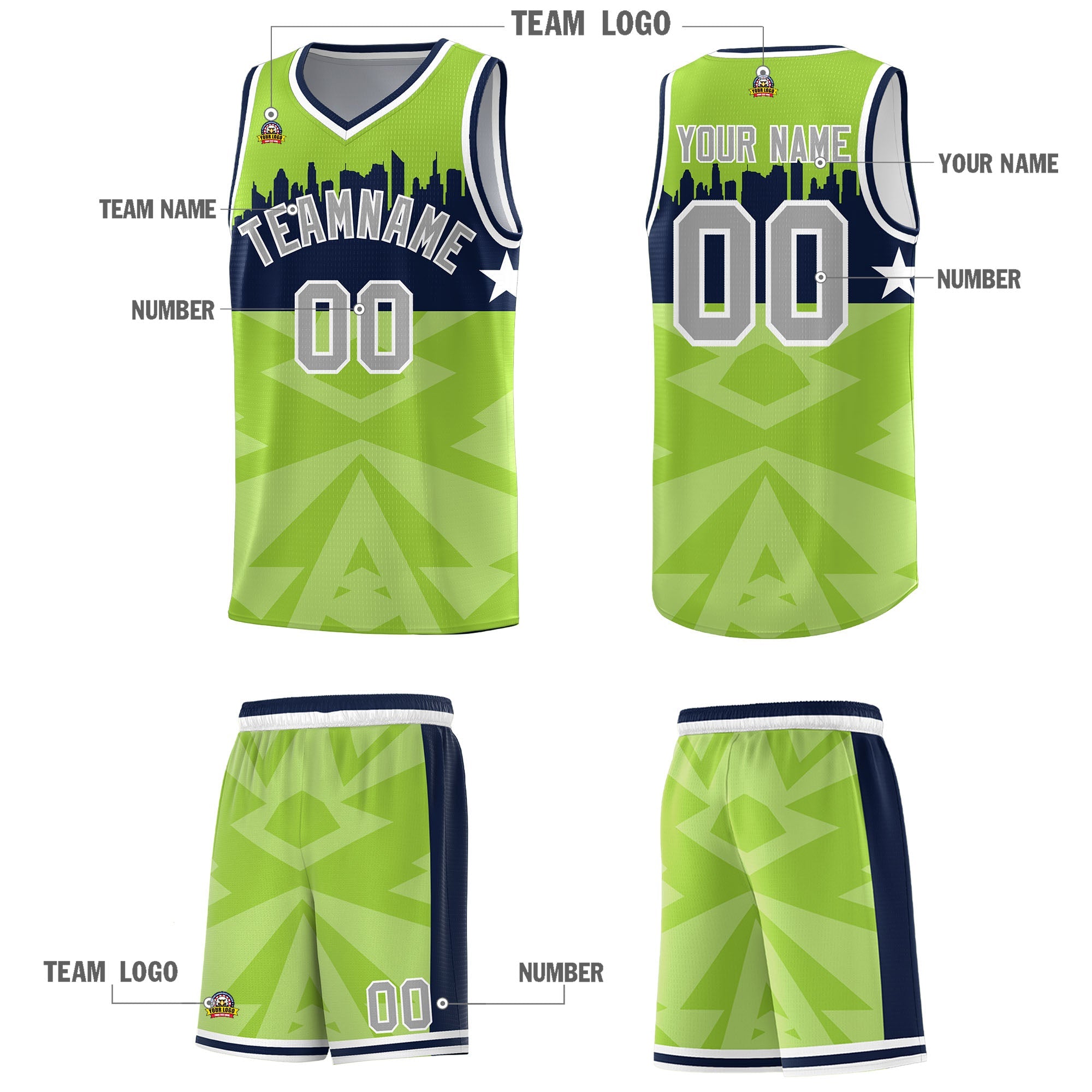 Custom Neon Green Personalized City Silhouette Pattern Sports Uniform Basketball Jersey