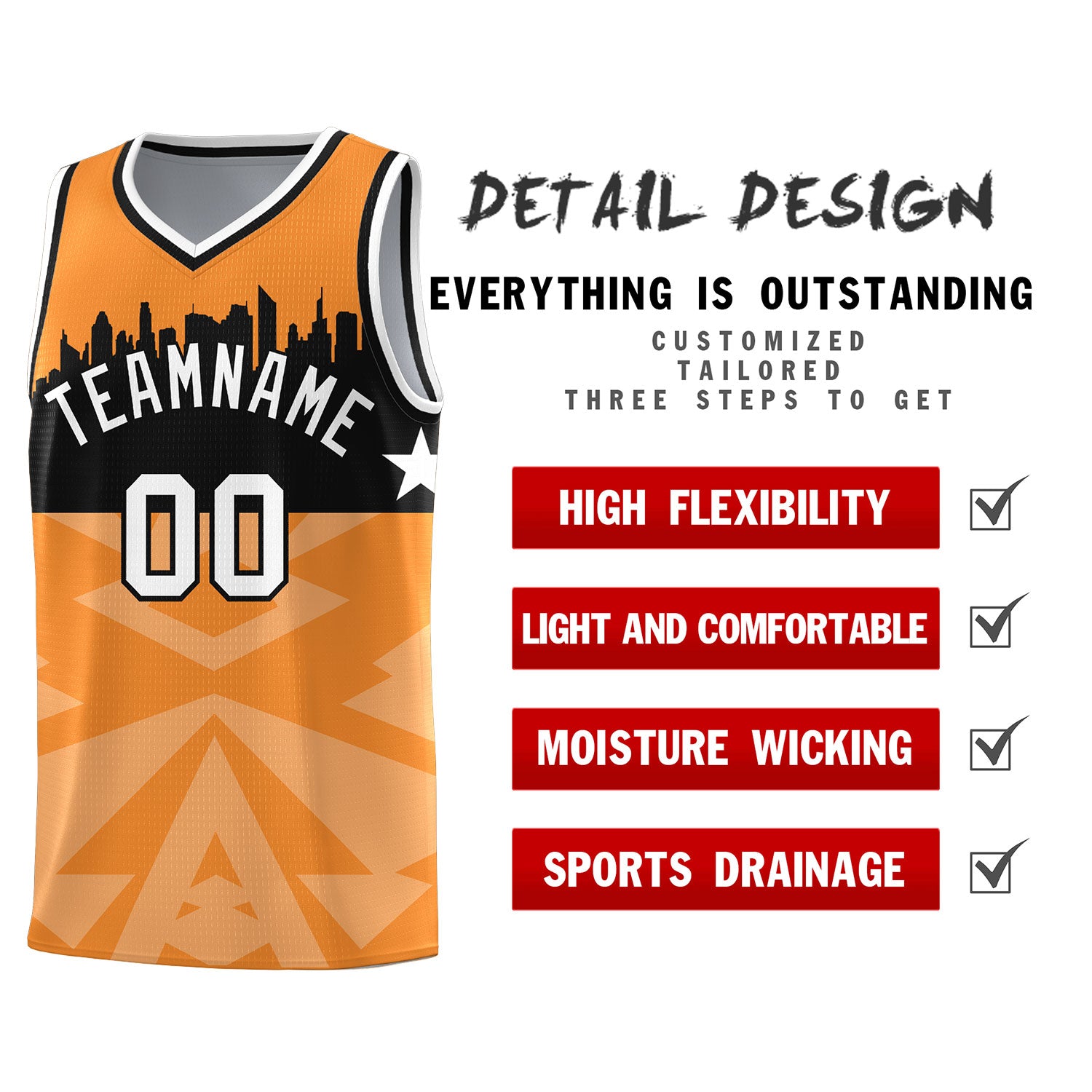 Custom Orange Personalized City Silhouette Pattern Sports Uniform Basketball Jersey