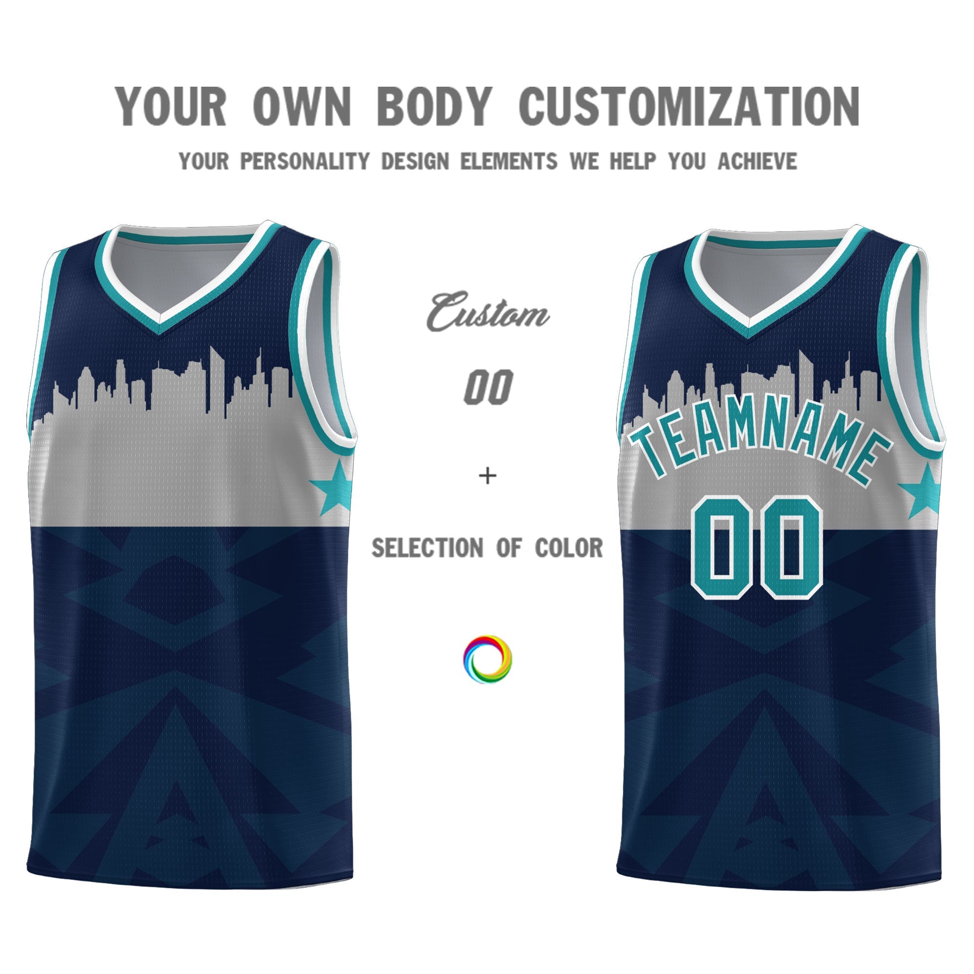 Custom Navy Personalized City Silhouette Pattern Sports Uniform Basketball Jersey