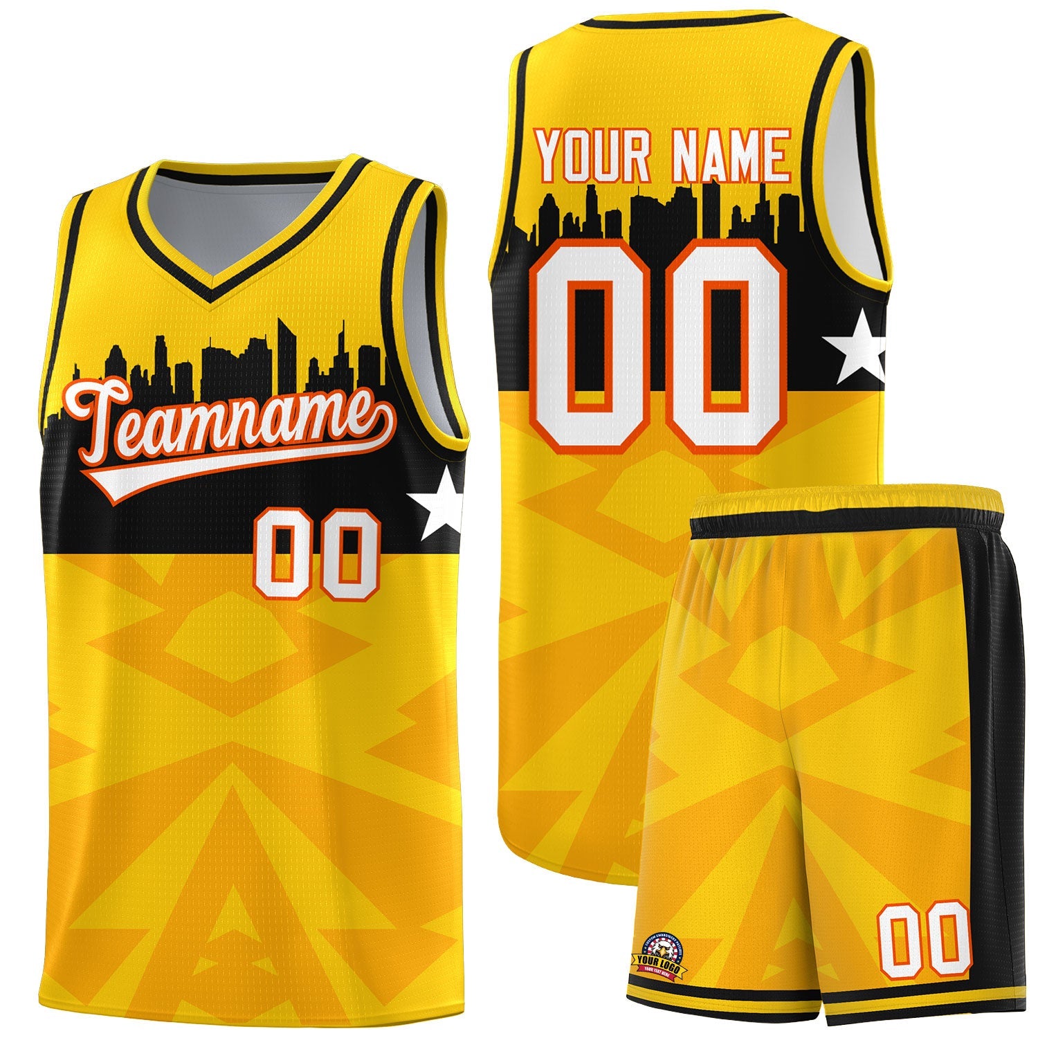 Custom Gold Personalized City Silhouette Pattern Sports Uniform Basketball Jersey