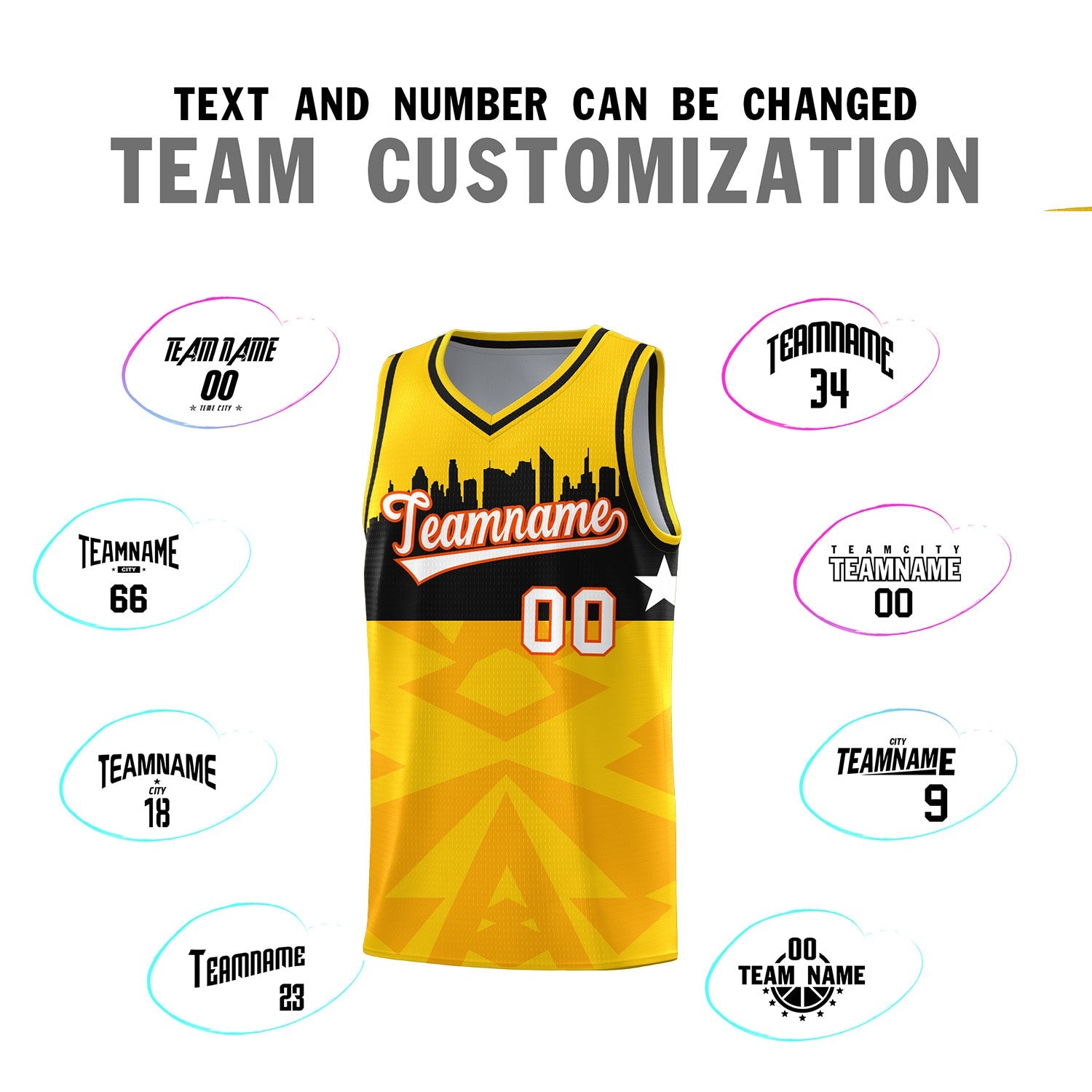 Custom Gold Personalized City Silhouette Pattern Sports Uniform Basketball Jersey