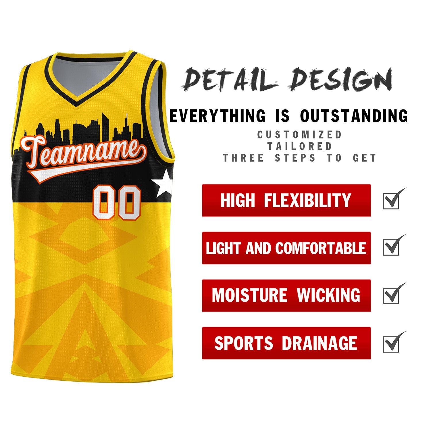 Custom Gold Personalized City Silhouette Pattern Sports Uniform Basketball Jersey