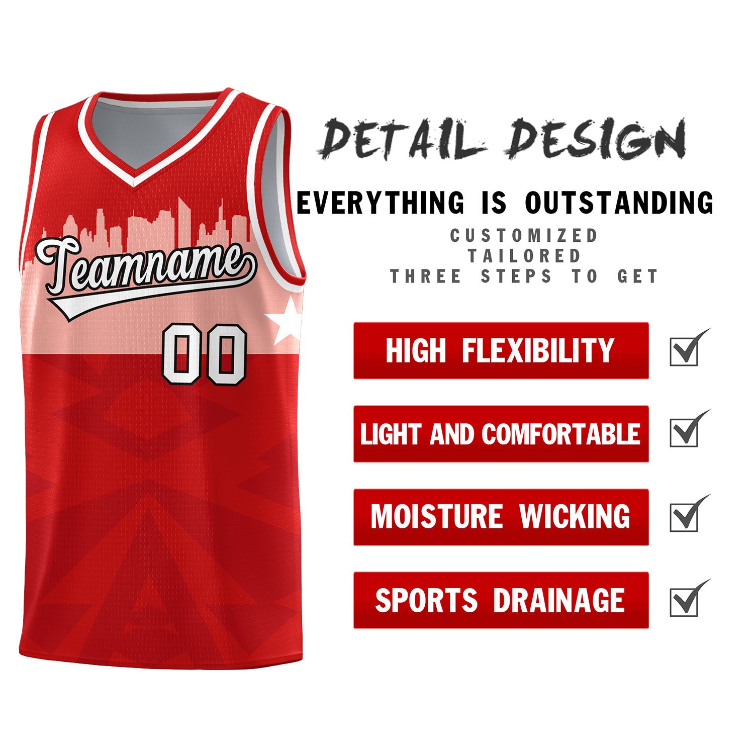 Custom Red Personalized City Silhouette Pattern Sports Uniform Basketball Jersey