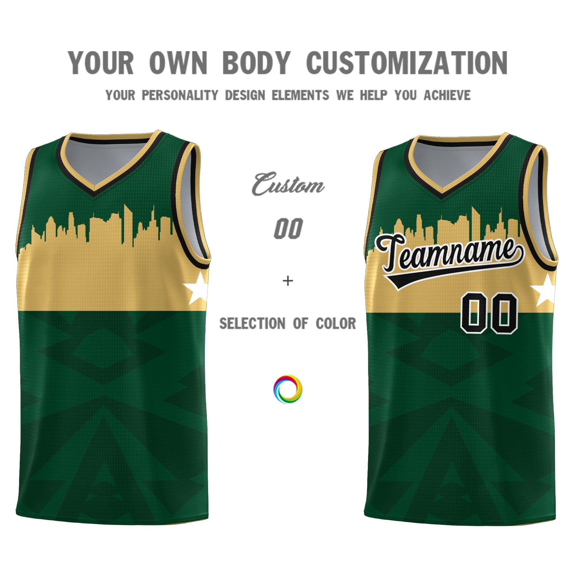 Custom Green Personalized City Silhouette Pattern Sports Uniform Basketball Jersey