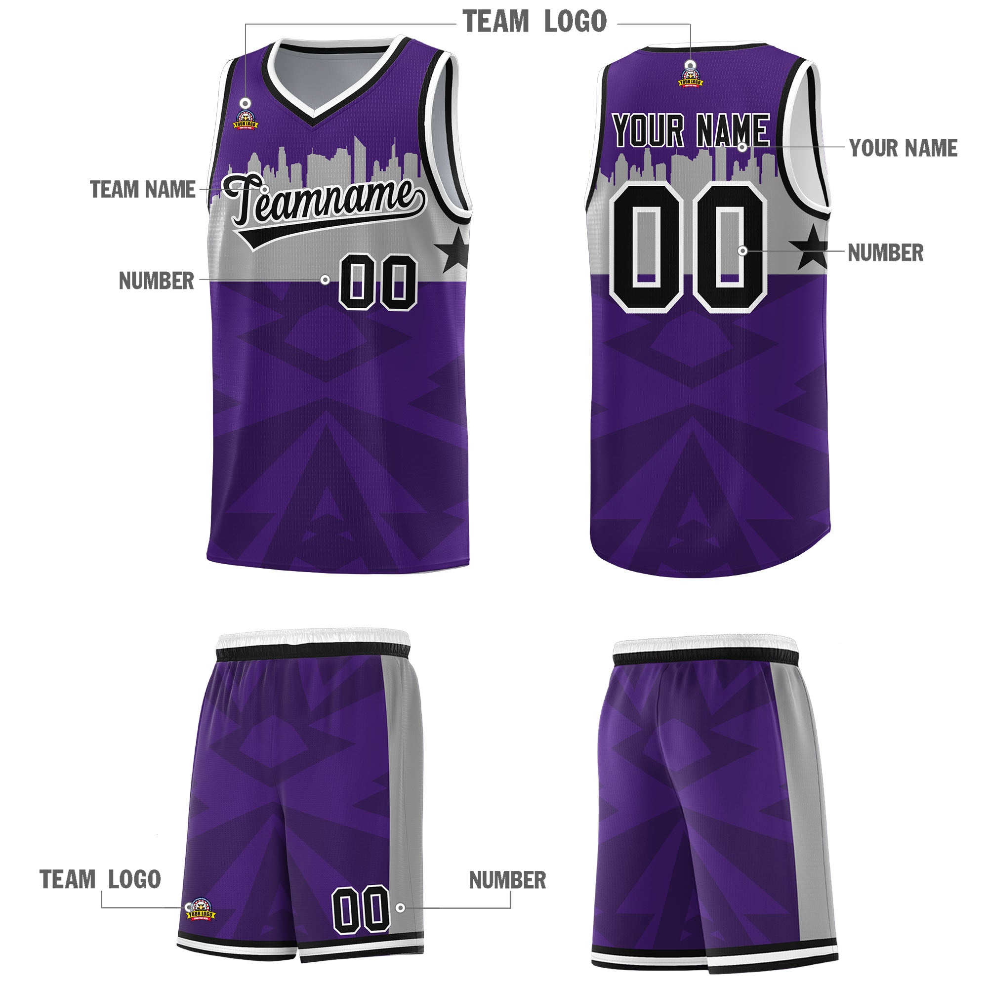 Custom Purple Personalized City Silhouette Pattern Sports Uniform Basketball Jersey