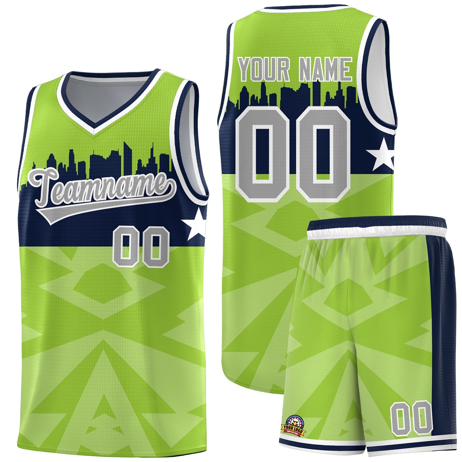 Custom Neon Green Personalized City Silhouette Pattern Sports Uniform Basketball Jersey