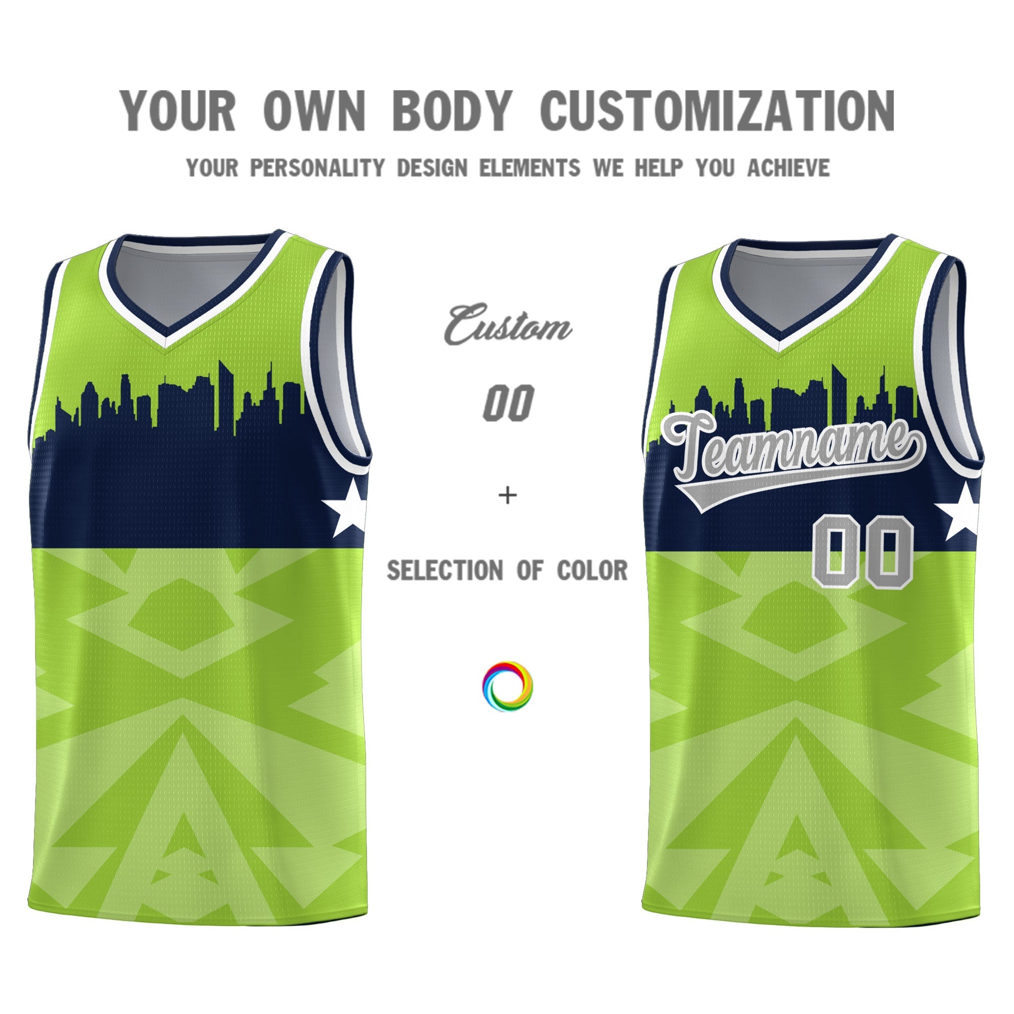 Custom Neon Green Personalized City Silhouette Pattern Sports Uniform Basketball Jersey