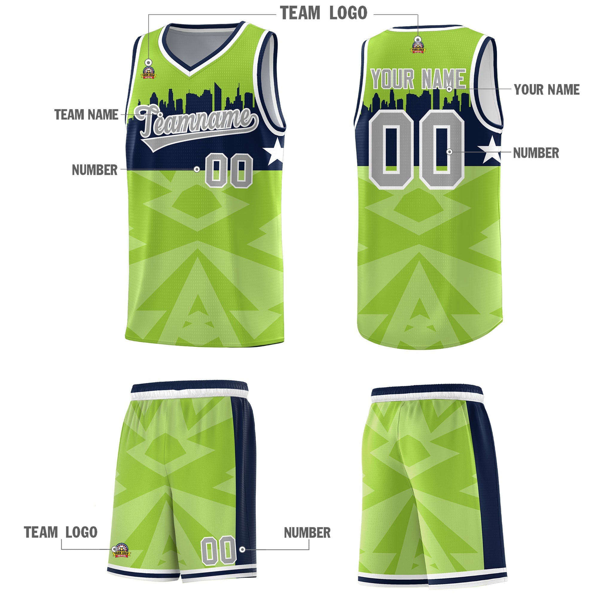 Custom Neon Green Personalized City Silhouette Pattern Sports Uniform Basketball Jersey