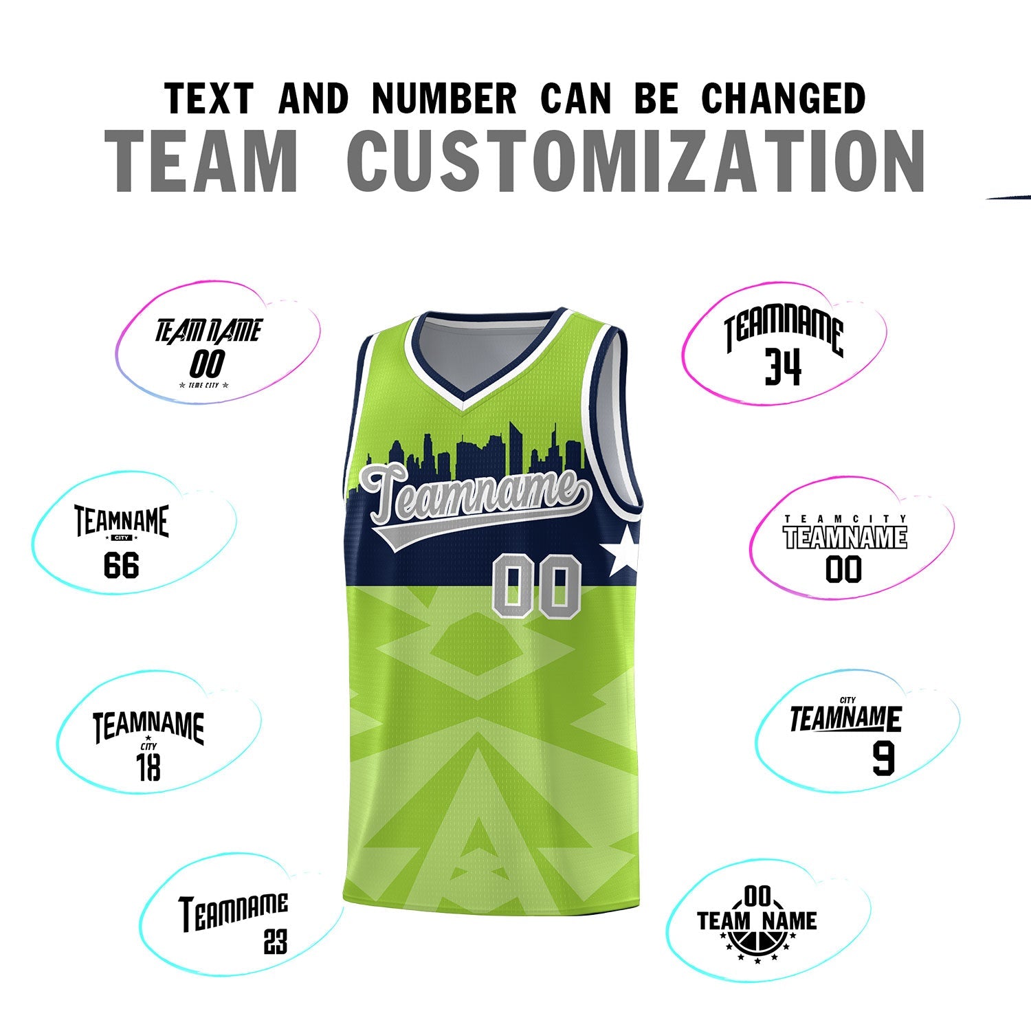 Custom Neon Green Personalized City Silhouette Pattern Sports Uniform Basketball Jersey