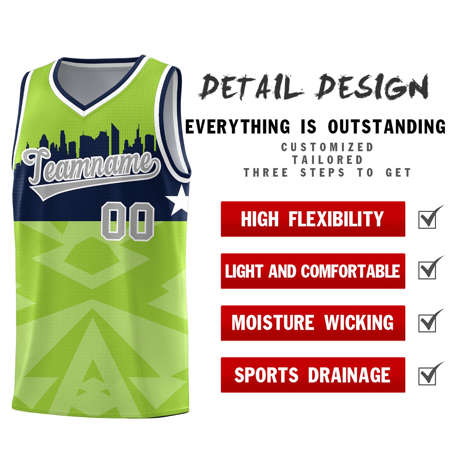 Custom Neon Green Personalized City Silhouette Pattern Sports Uniform Basketball Jersey