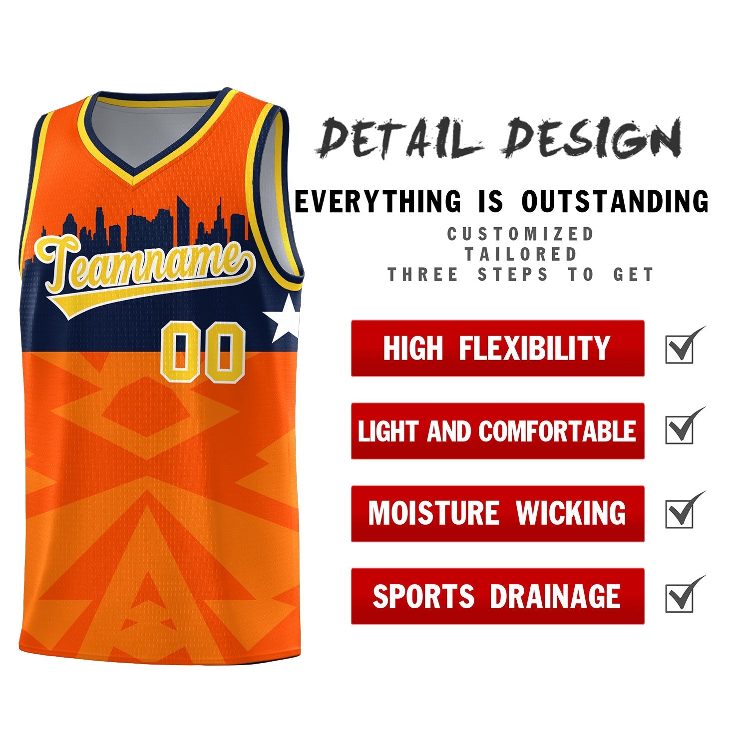 Custom Orange Personalized City Silhouette Pattern Sports Uniform Basketball Jersey