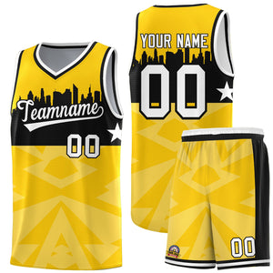 Custom Gold Personalized City Silhouette Pattern Sports Uniform Basketball Jersey