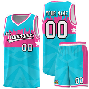 Custom Sky Blue Personalized City Silhouette Pattern Sports Uniform Basketball Jersey