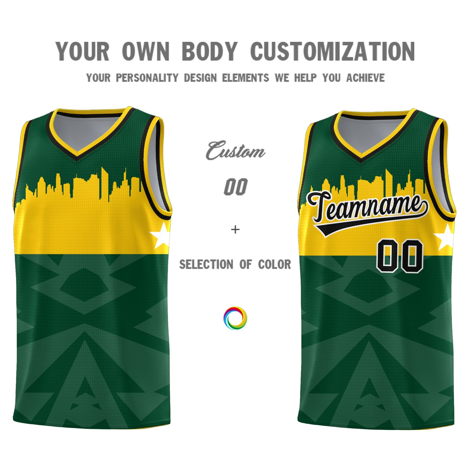 Custom Green Personalized City Silhouette Pattern Sports Uniform Basketball Jersey