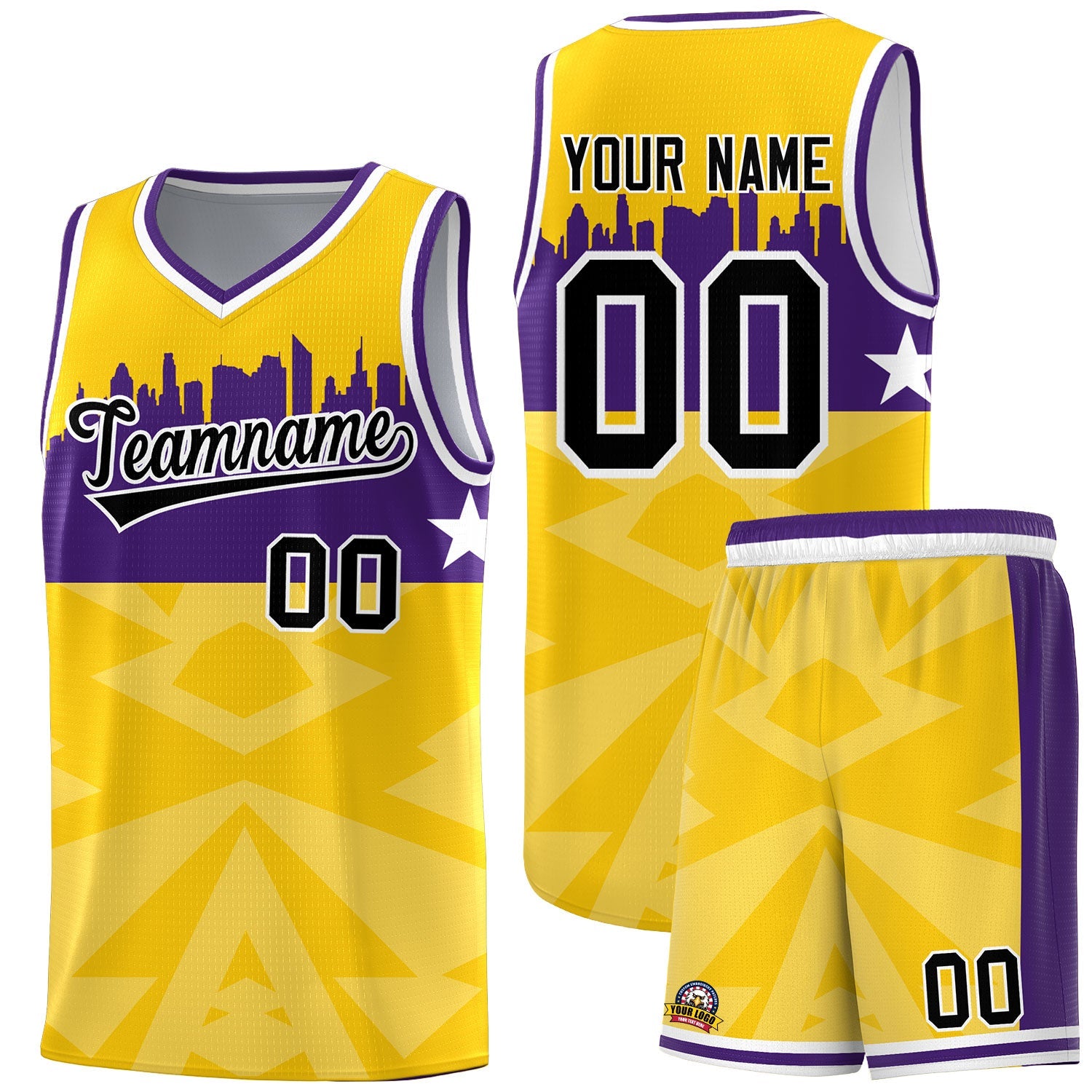 Custom Gold Personalized City Silhouette Pattern Sports Uniform Basketball Jersey