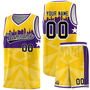 Custom Gold Personalized City Silhouette Pattern Sports Uniform Basketball Jersey