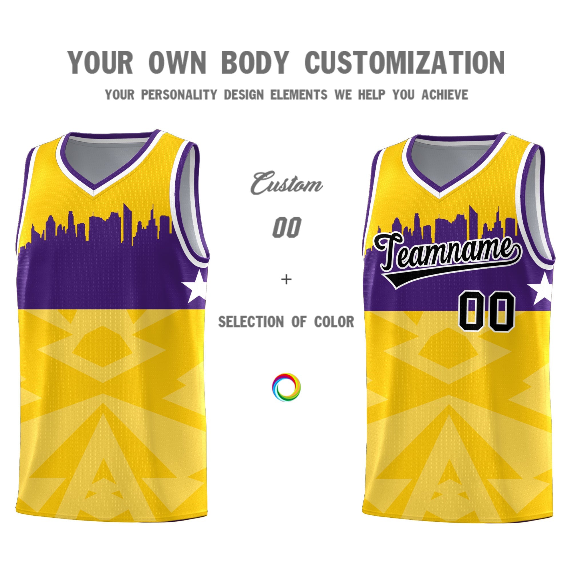 Custom Gold Personalized City Silhouette Pattern Sports Uniform Basketball Jersey