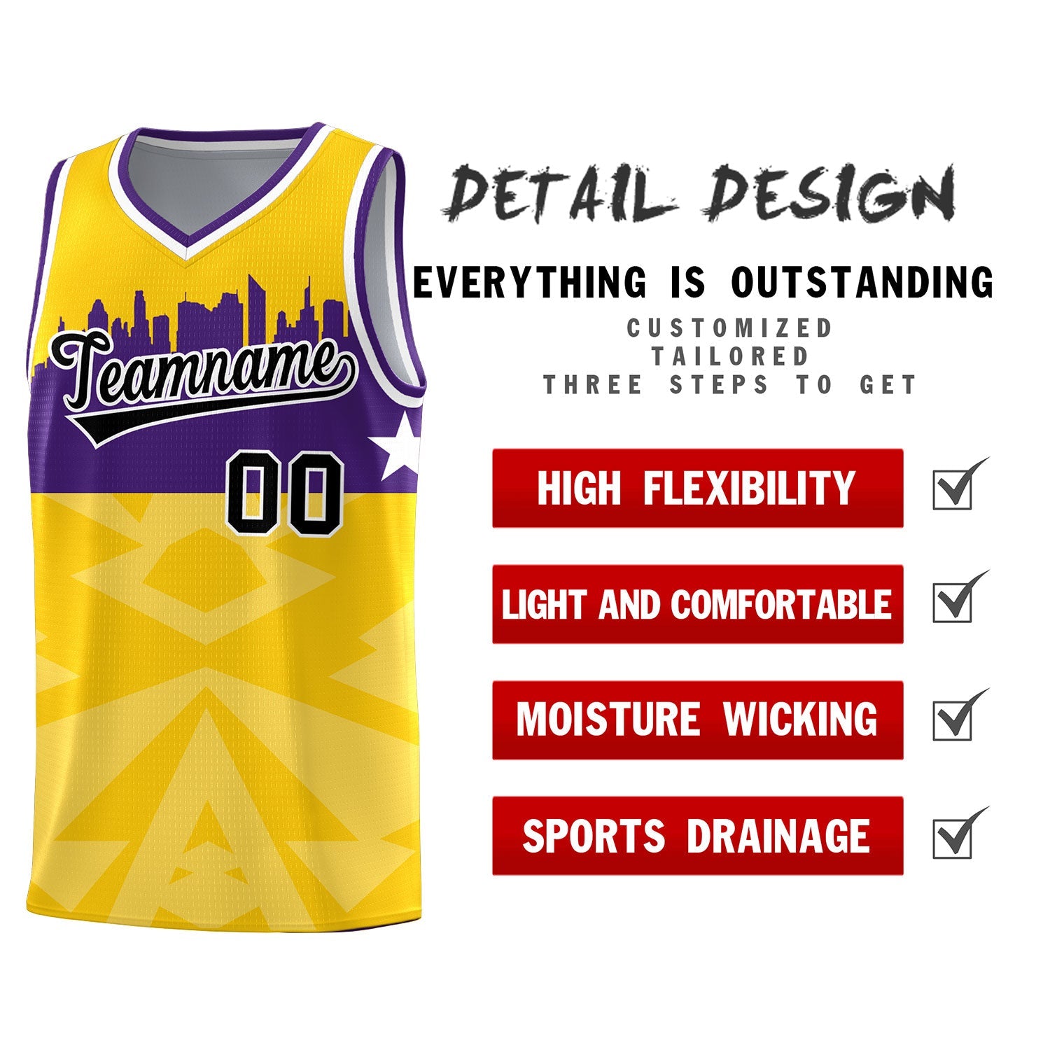 Custom Gold Personalized City Silhouette Pattern Sports Uniform Basketball Jersey