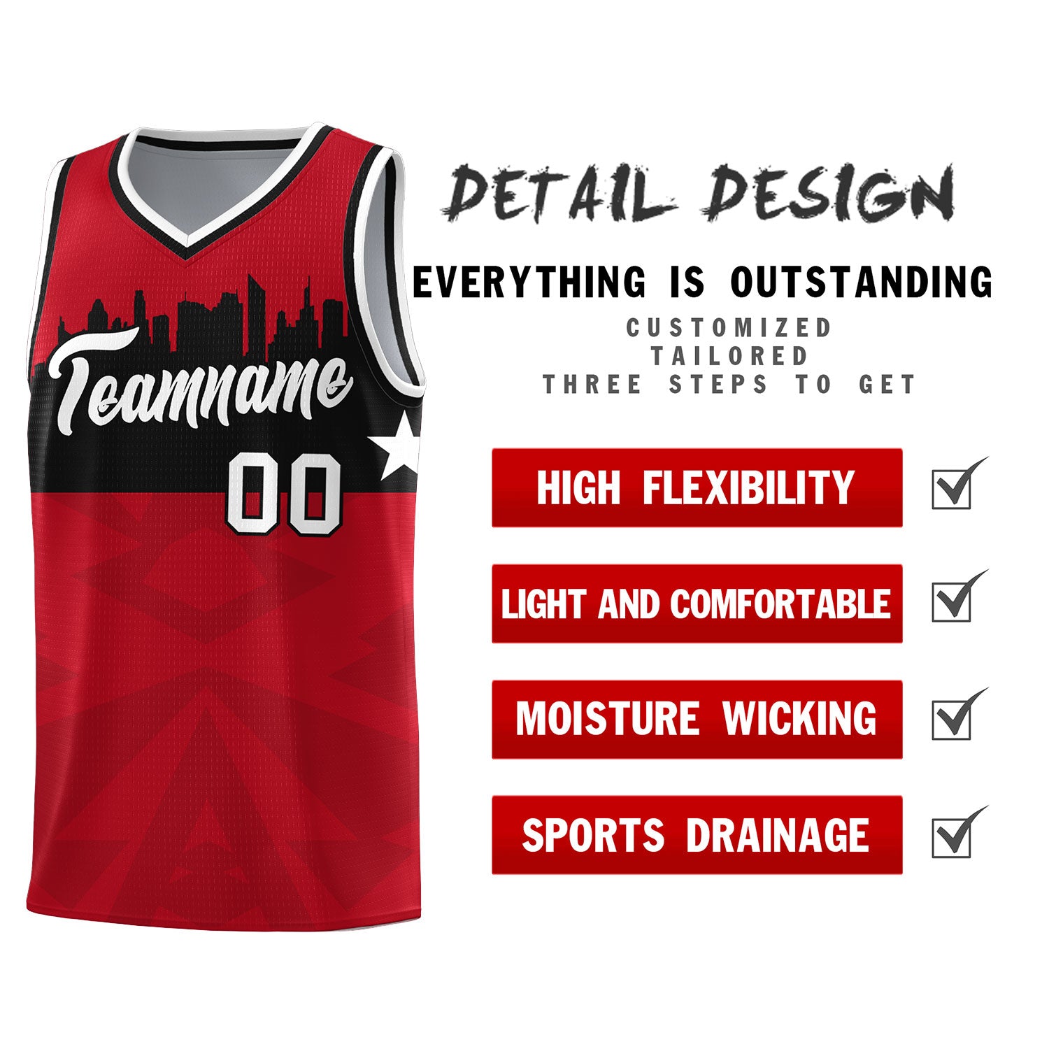 Custom Red Personalized City Silhouette Pattern Sports Uniform Basketball Jersey