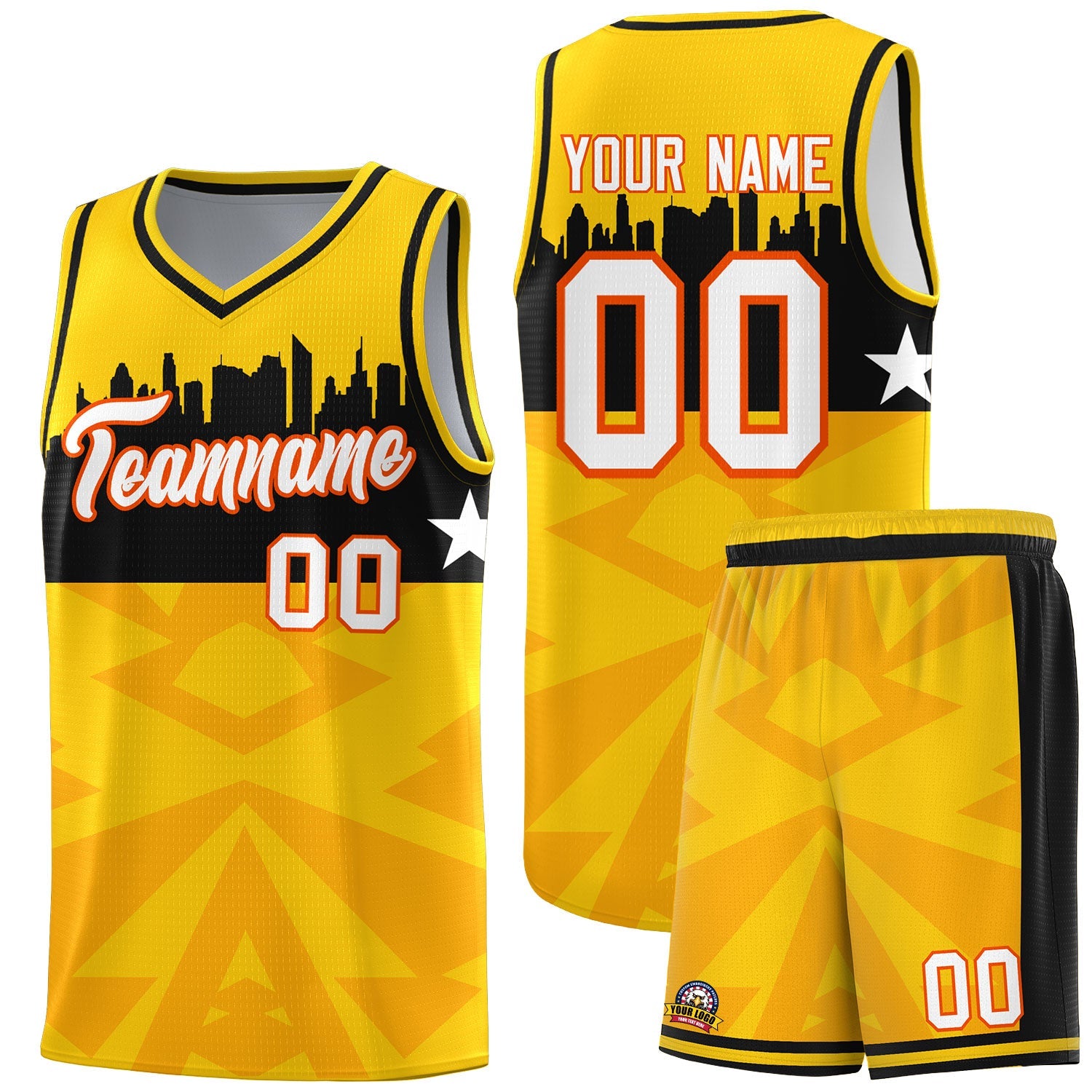 Custom Gold Personalized City Silhouette Pattern Sports Uniform Basketball Jersey